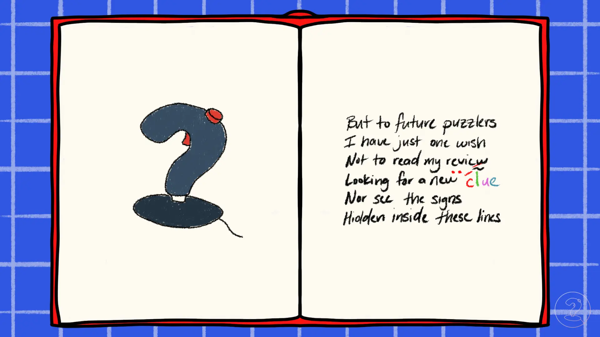 An open book with an image of a joystick in the shape of a question mark on the left page along with text on the right.