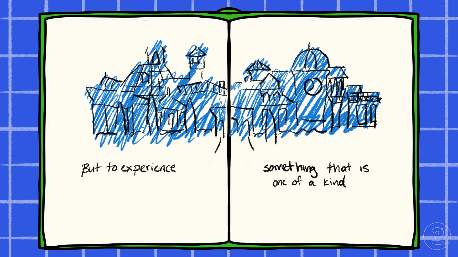 An open book that contains a full spread image of the manor from Blue Prince along with text underneath.