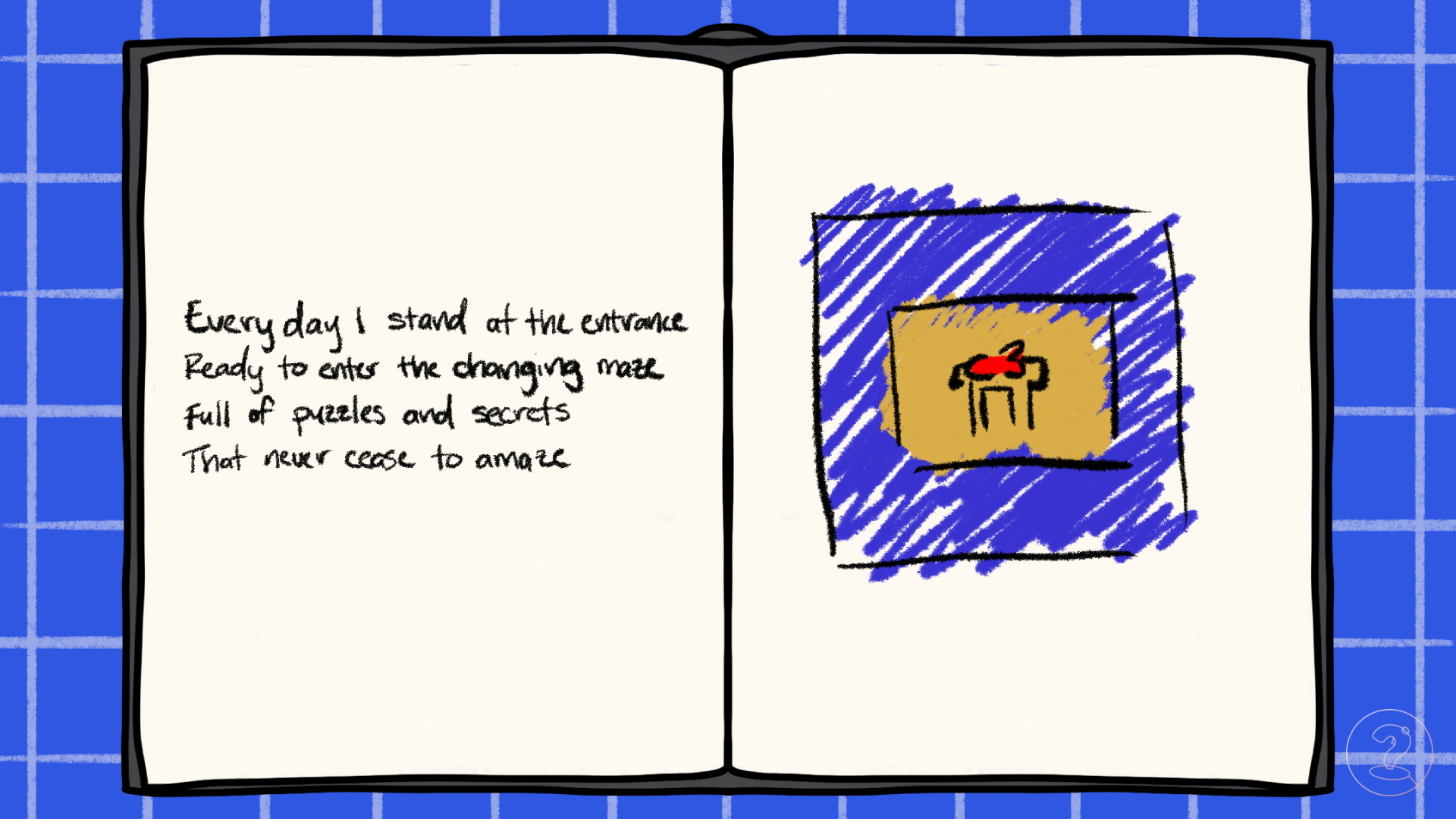 An open book with a drawing of the puzzle book "Maze" on the right page along with text on the left.