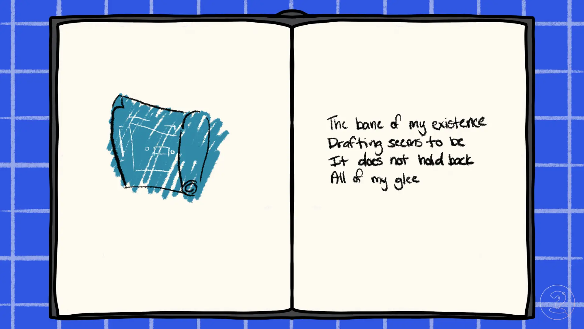 An open book with a drawing of a blue print on the left page and text on the right.
