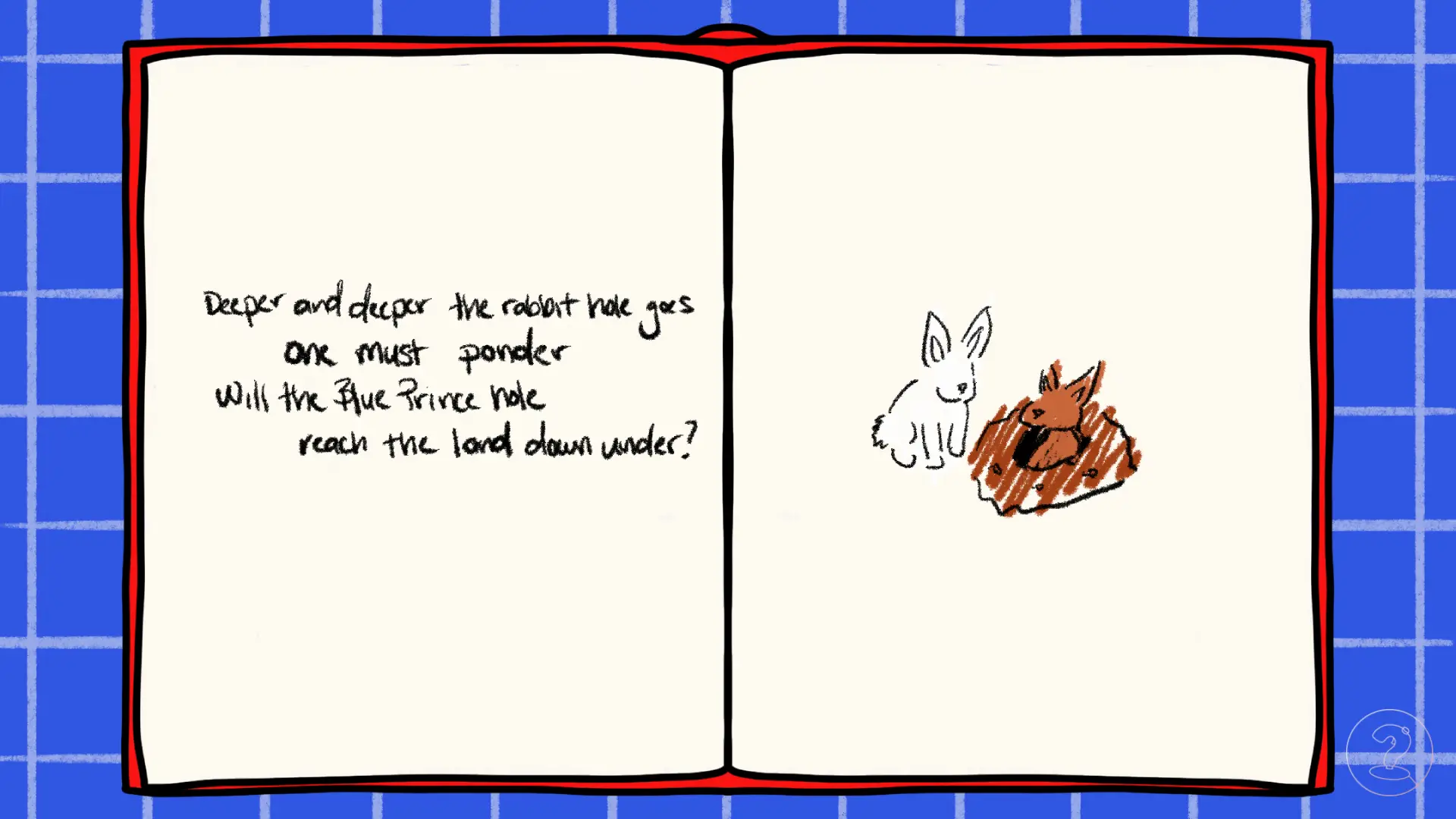 An open book with a drawing of a rabbit meeting a kangaroo on the right page along with text on the left.