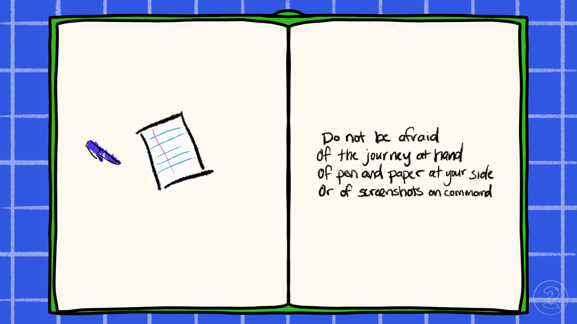 An open book with a drawing of a pen and paper on the left page along with text on the right.