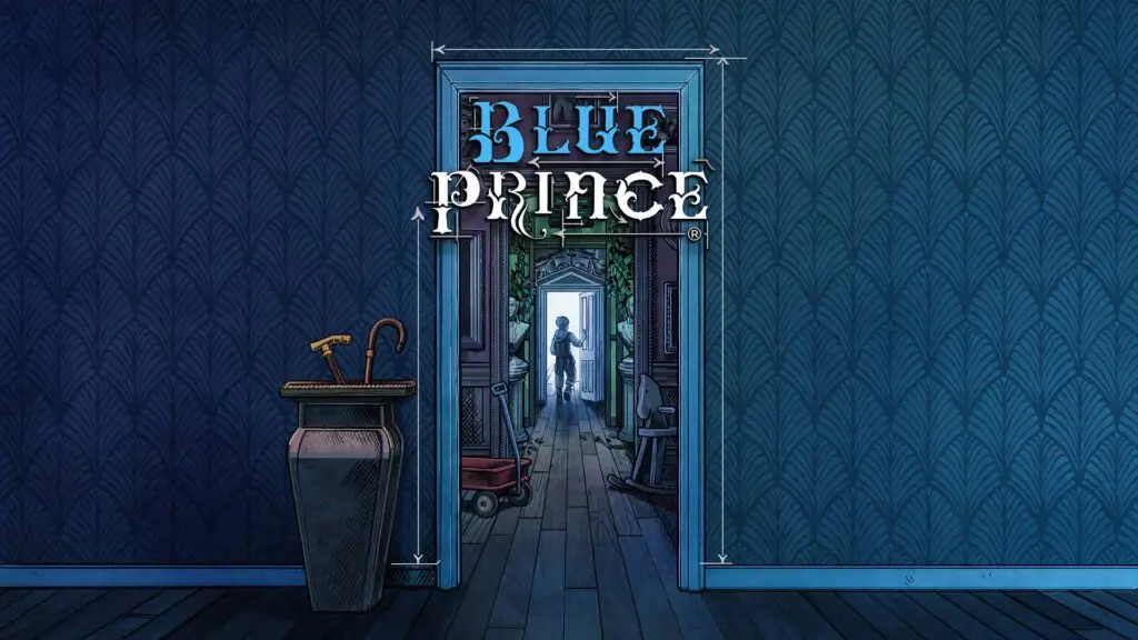 The Blue Prince key art, which features Simon walking through a series of doors and the Blue Prince logo.