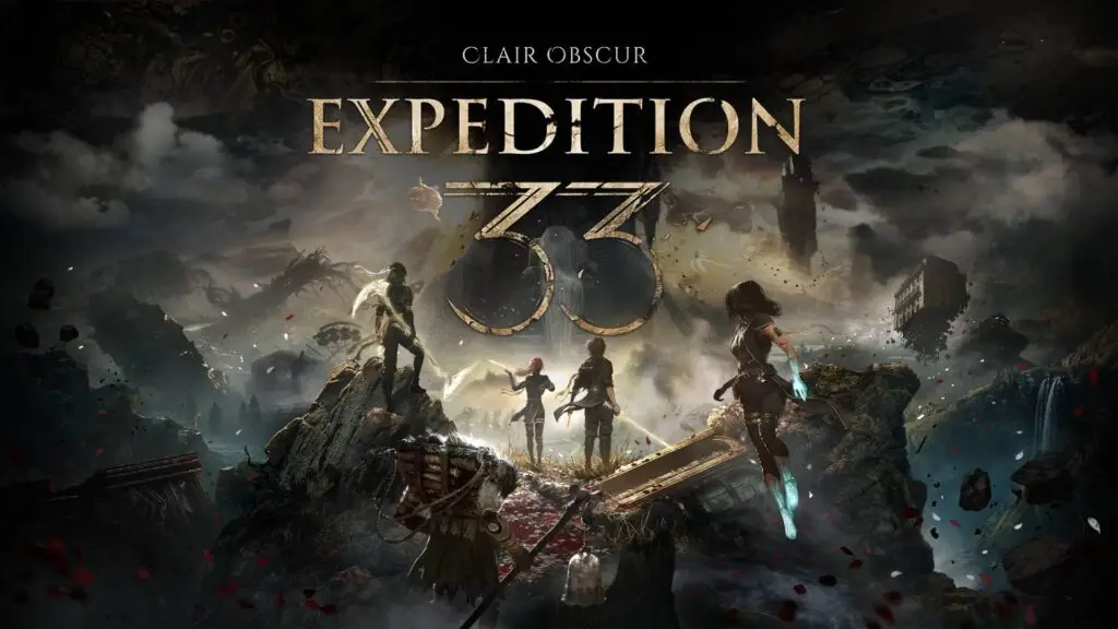 The key art for Clair Obscur Expedition 33, which shows the main characters and the monolith.