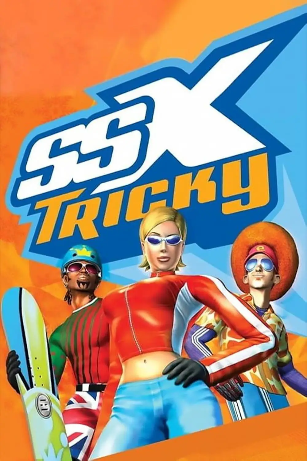 The cover art for SSX Tricky, which features three snowboarders standing in front of an orange background.