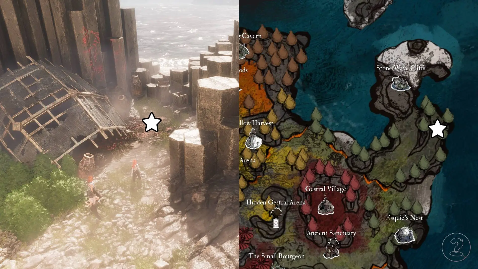 The location of the lost gestral hiding to the southeast of Stone Water Cliffs marked on the map of Clair Obscur Expedition 33.