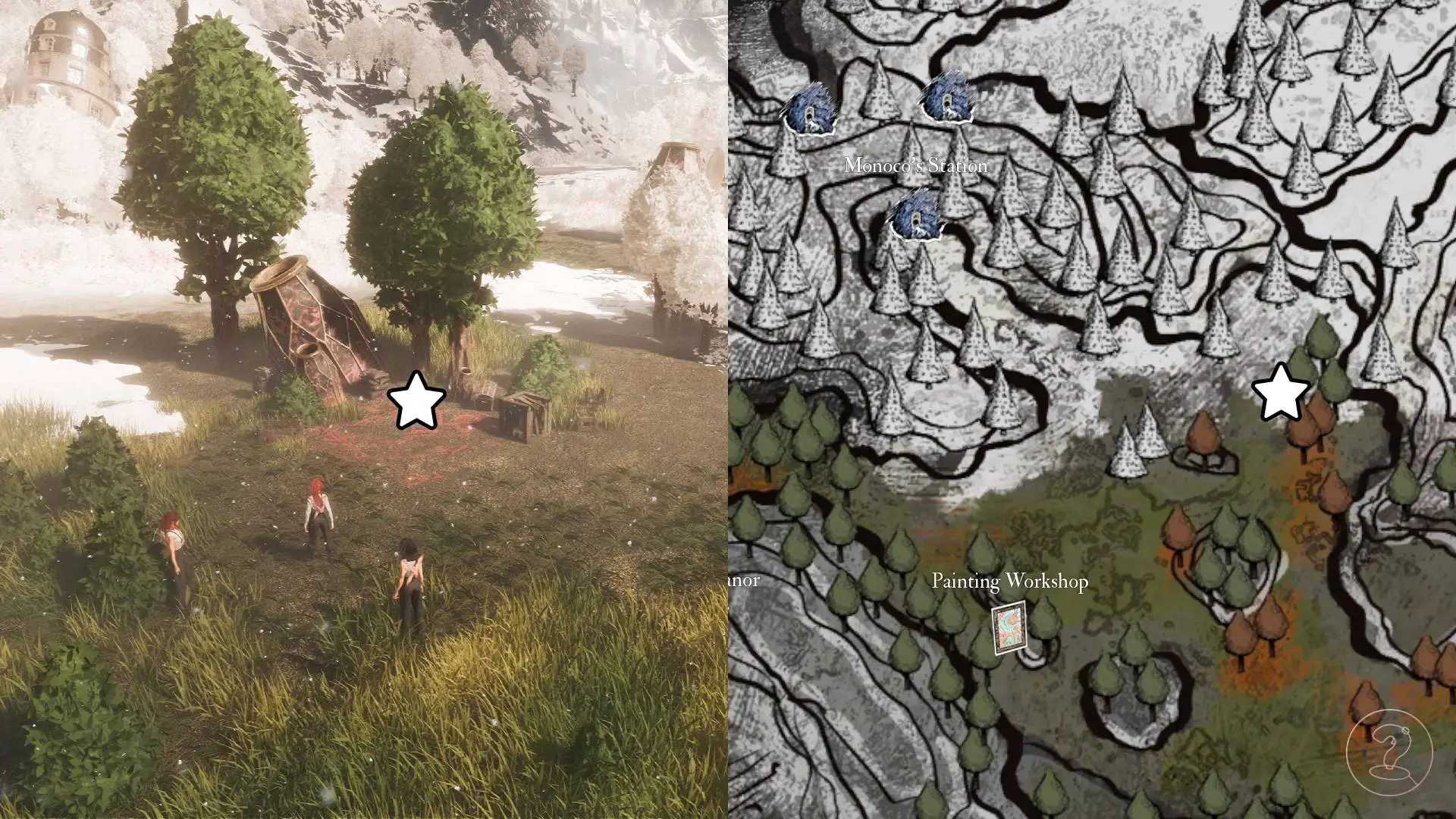 The location of the lost gestral hiding southeast of Monoco's Station marked on the map of Clair Obscur Expedition 33.