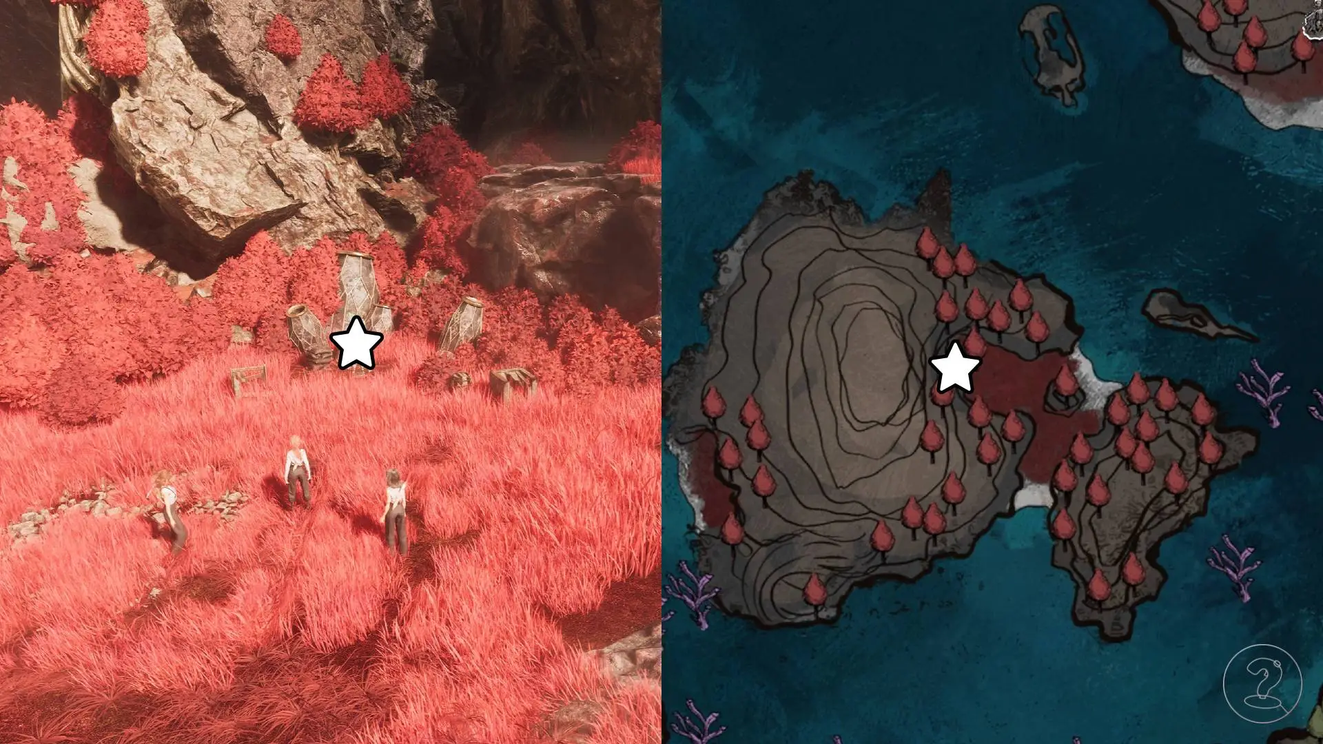 The location of the lost gestral hiding on an unnamed red island southwest of Visages marked on the map of Clair Obscur Expedition 33.