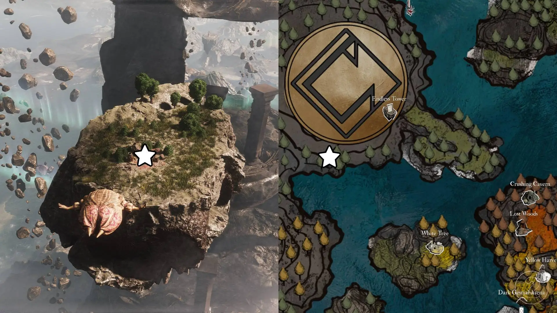 The location of a lost gestral hiding on a floating island to the southwest of Endless Tower marked on the map of Clair Obscur Expedition 33.