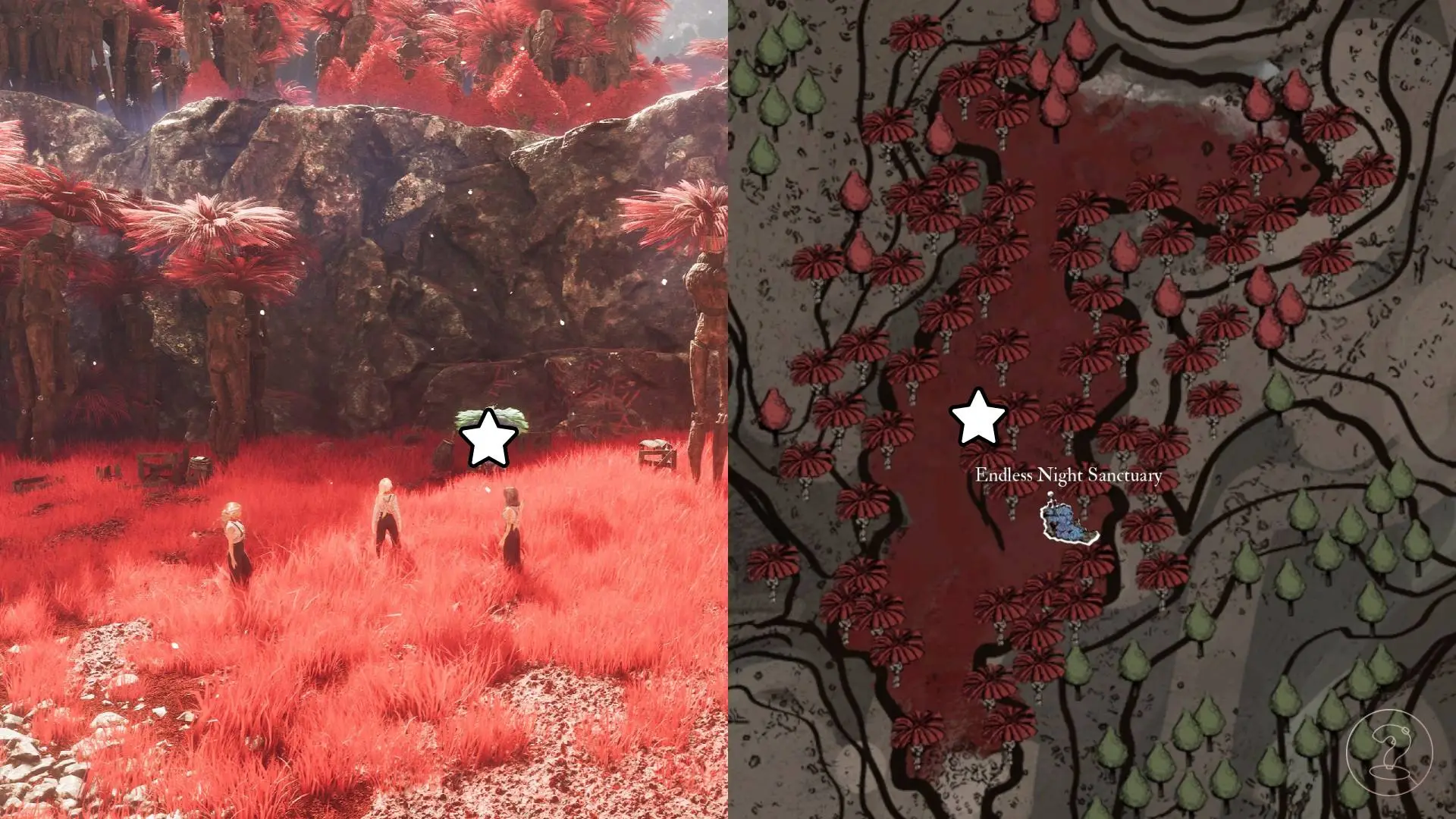The location of the lost gestral hiding beside the Endless Night Sanctuary marked on the map of Clair Obscur Expedition 33.