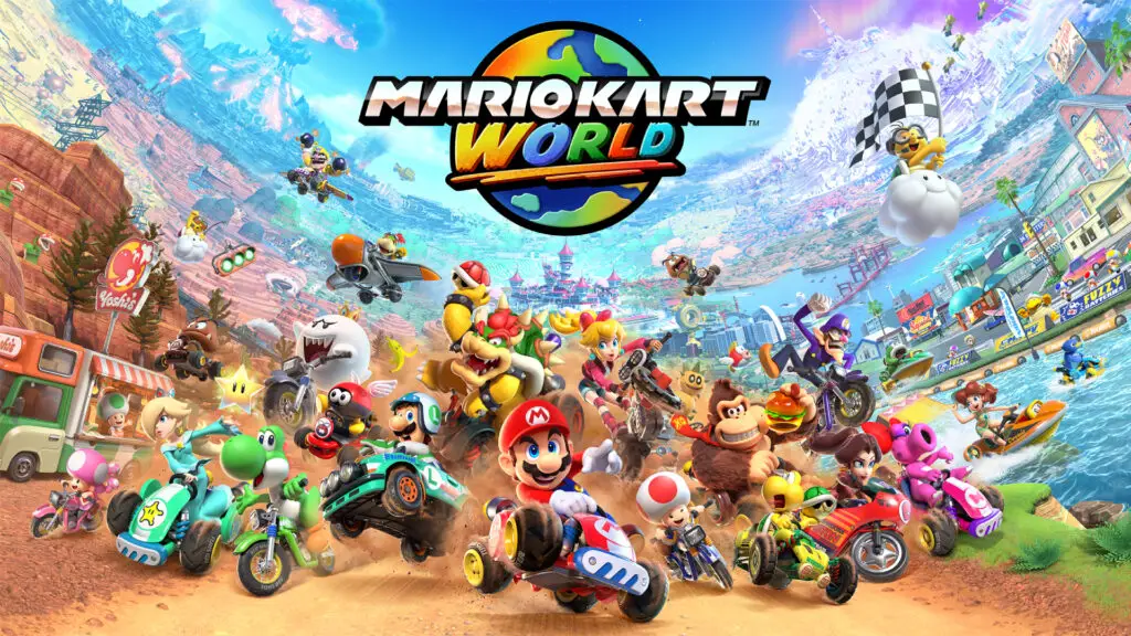 The key art for Mario Kart World which features a bunch of main cast characters and side characters driving side by side.