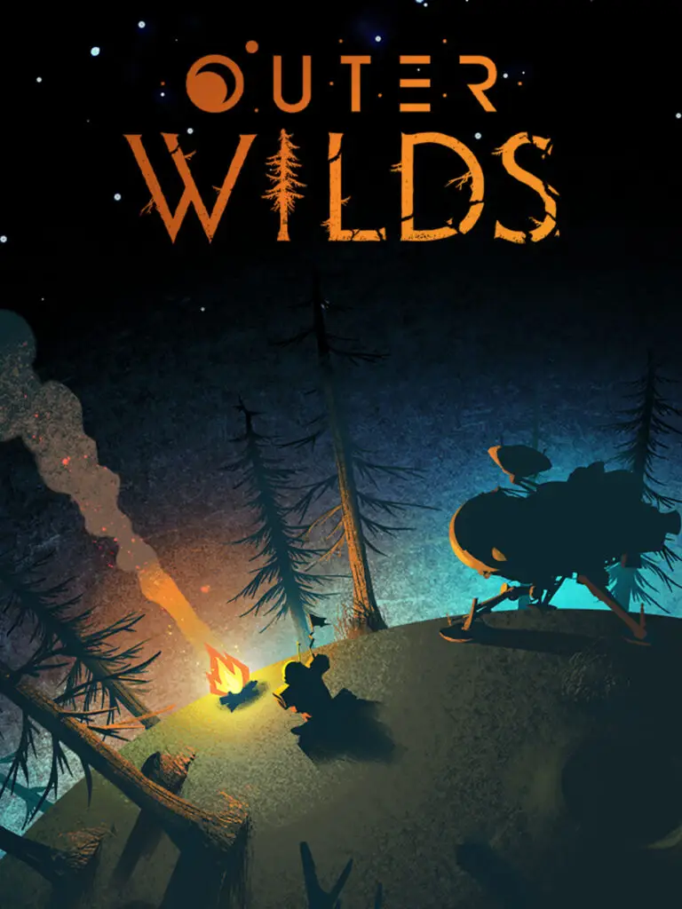 The box art for Outer Wilds, which shows an astronaut sitting at a campfire with stars in the night sky.