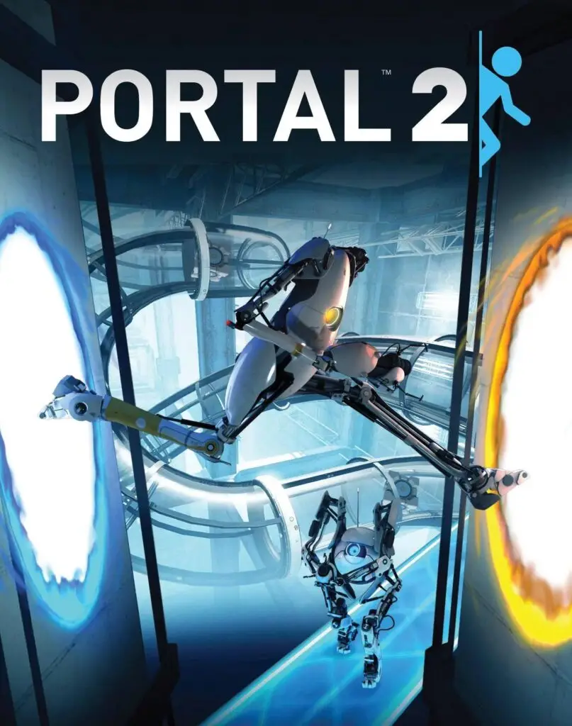 The cover art for Portal 2, which features a robot jumping through a portal and another robot walking on a light bridge.