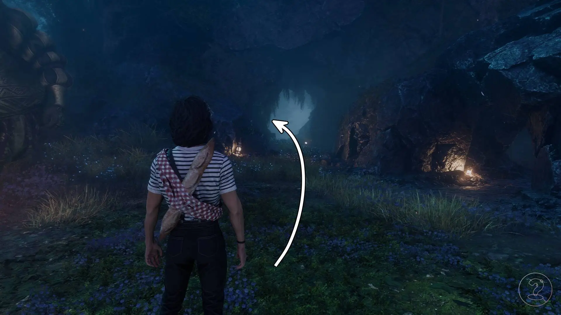 Dark path in the camp leading to Sastro, a gestral in Clair Obscur Expedition 33.