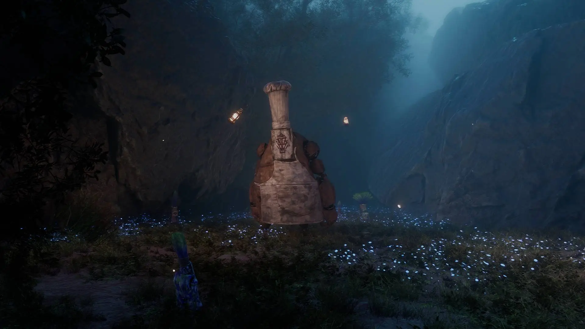 Sastro, a gestral wearing a chef hat, standing in a dark area along with other smaller gestrals in Clair Obscur Expedition 33.