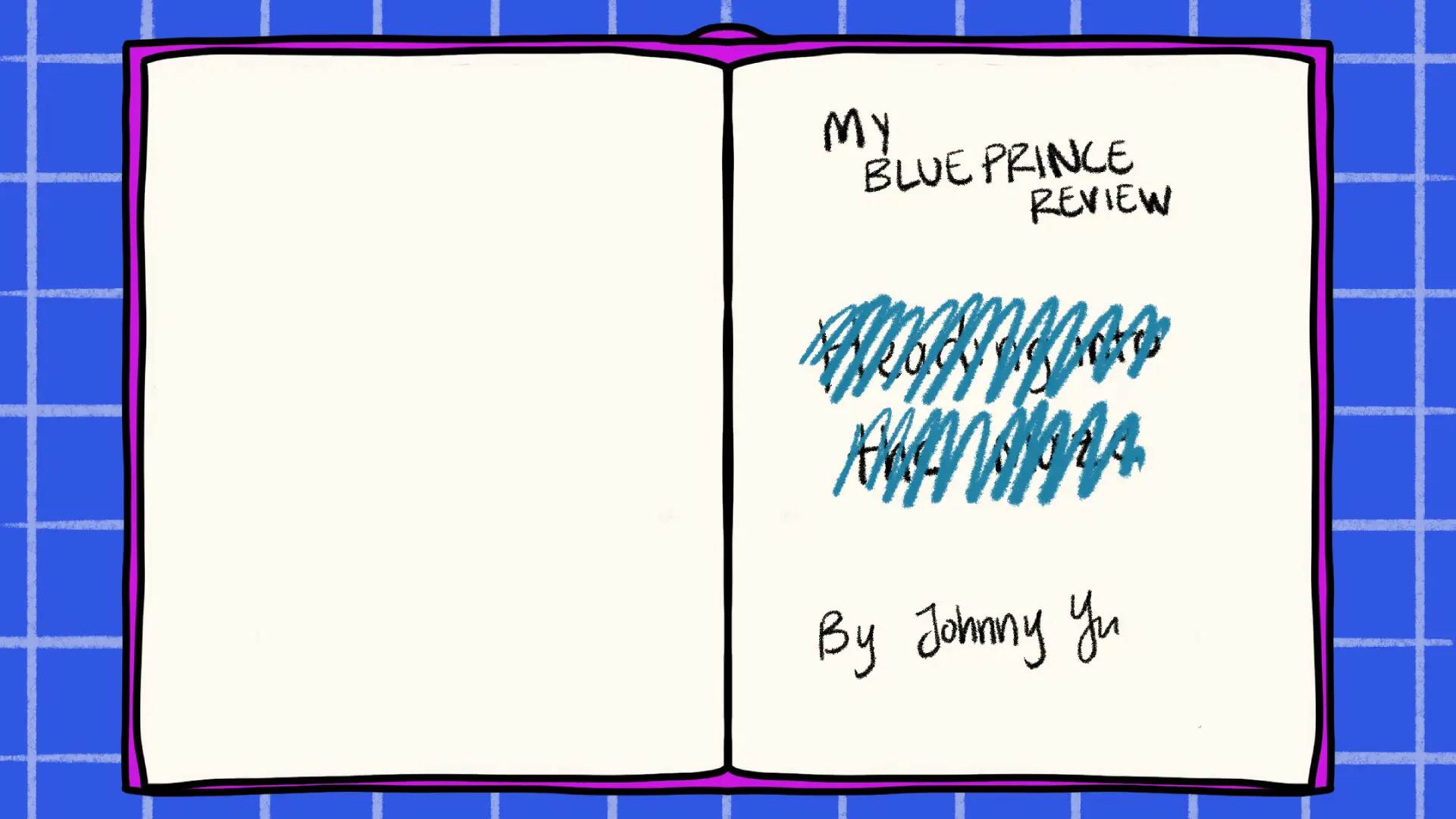 A book titled "My Blue Prince Review" with the subheading "Heading into the Maze" scribbled out on top of a blue print.