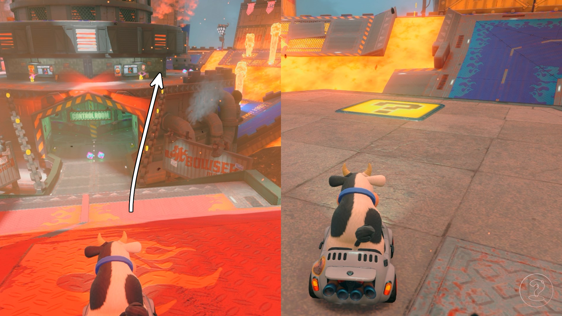 A cow sitting on a red carpet in front of a castle along with an arrow pointing to its roof in Mario Kart World.