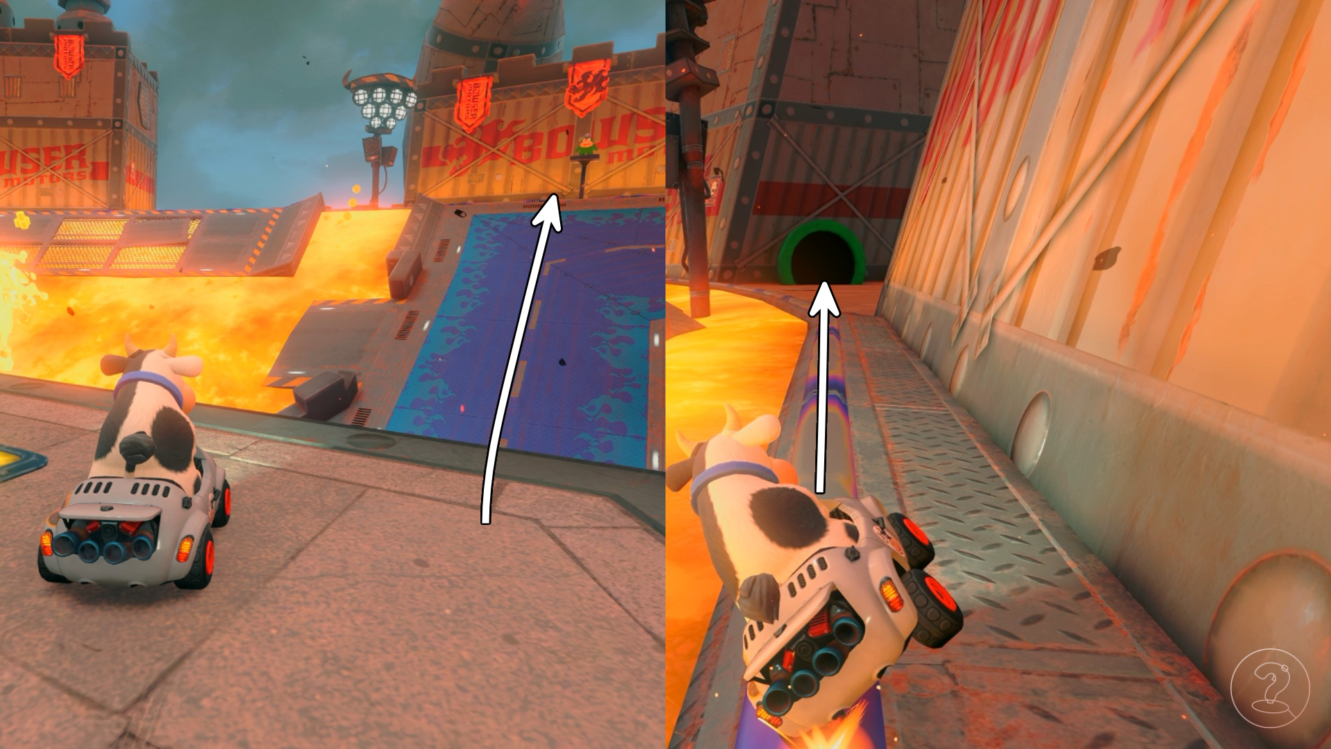 Cow sitting in a car and grinding on a rail in a castle filled with lava in Mario Kart World.