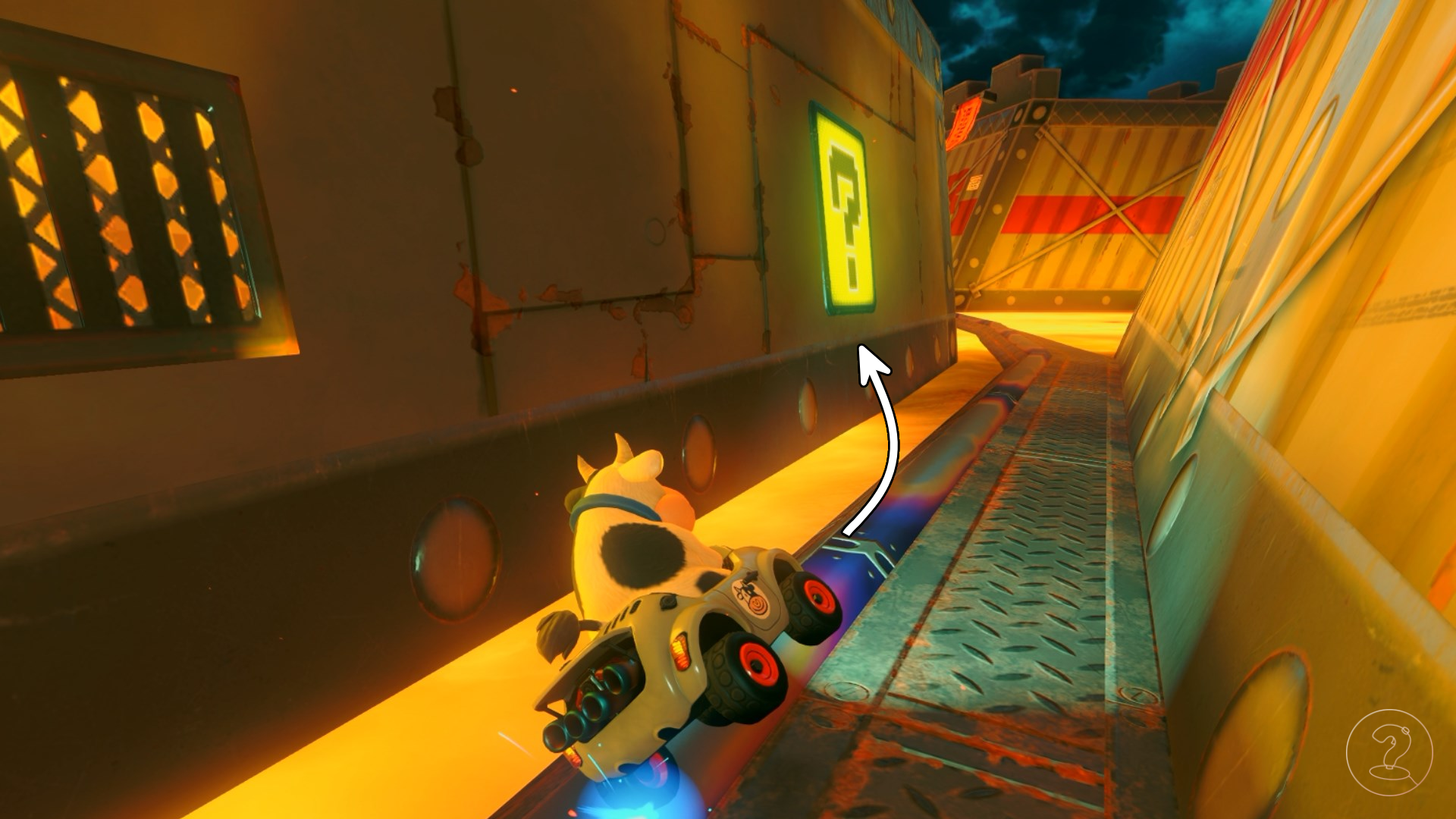 Cow riding a rail towards a yellow ? block in Mario Kart World.