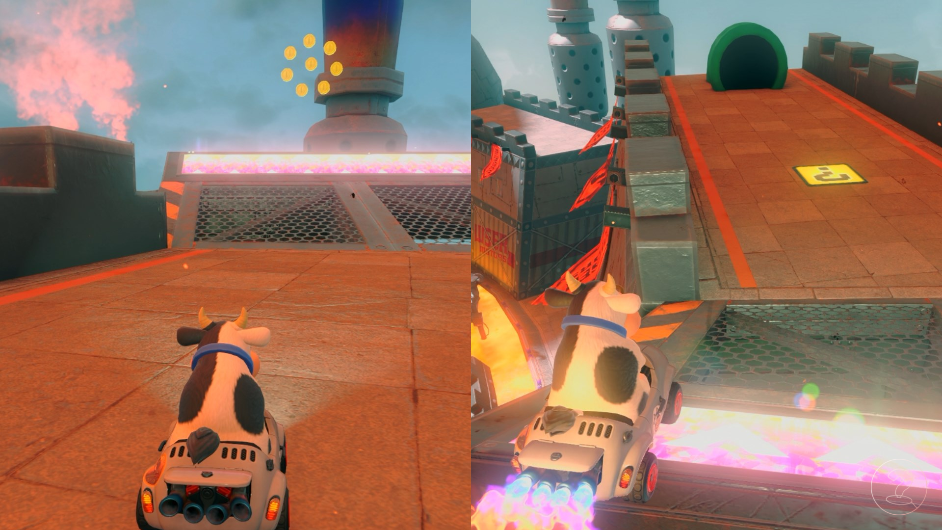 Cow sitting in a car before and after a boost ramp on a castle in Mario Kart World.