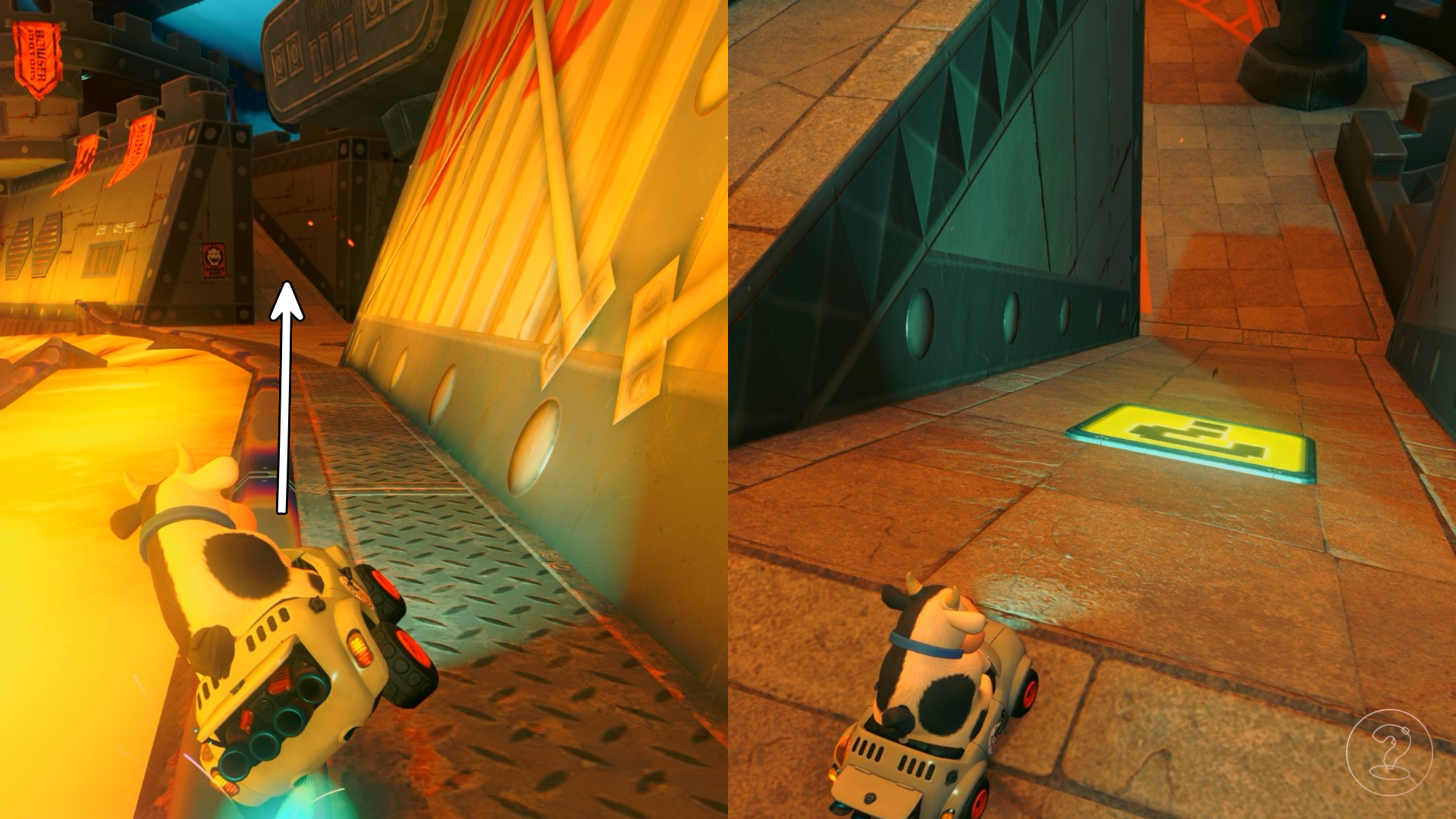 A cow riding a rail next to a stream of lava and another cow sitting before a ? panel in Mario Kart World.