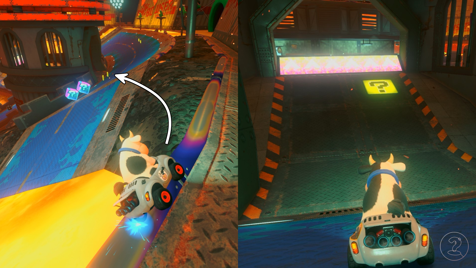 A cow rail riding and inside a tower in front of a panel in Mario Kart World.
