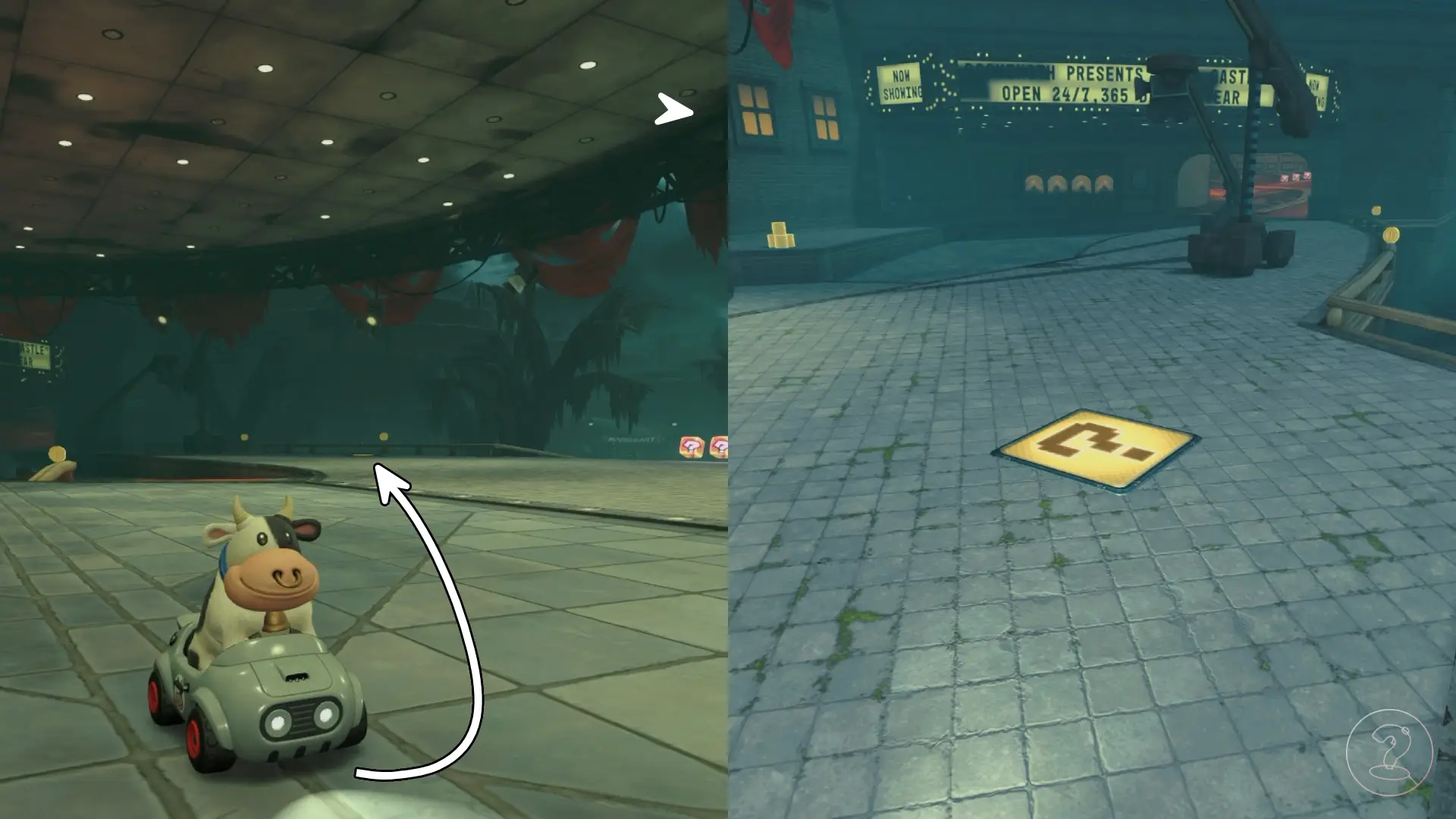 Cow driving a blooper car with an arrow pointing to a ? panel in Mario Kart World.