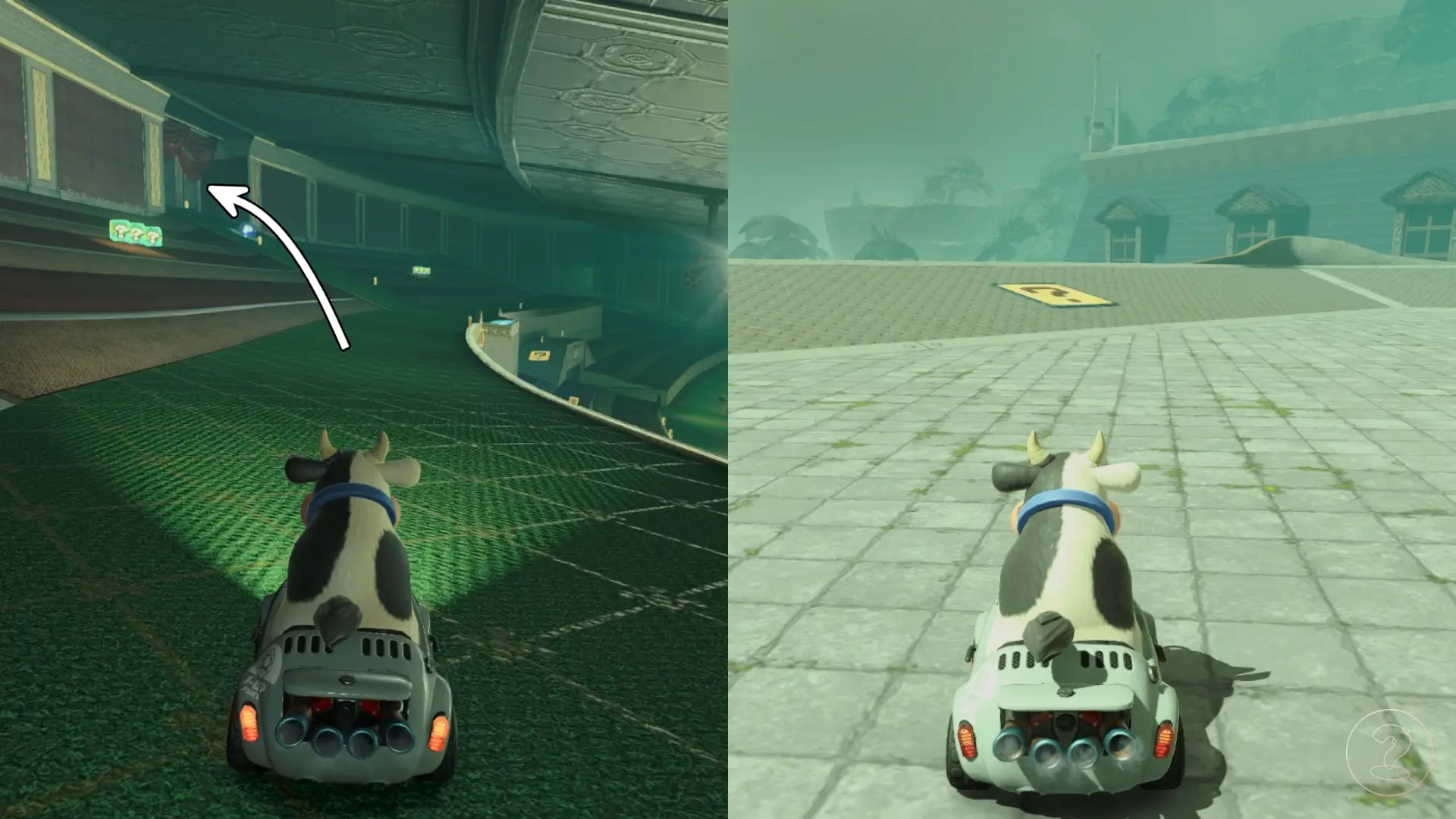 A cow driving a car through a movie theater in Mario Kart World.