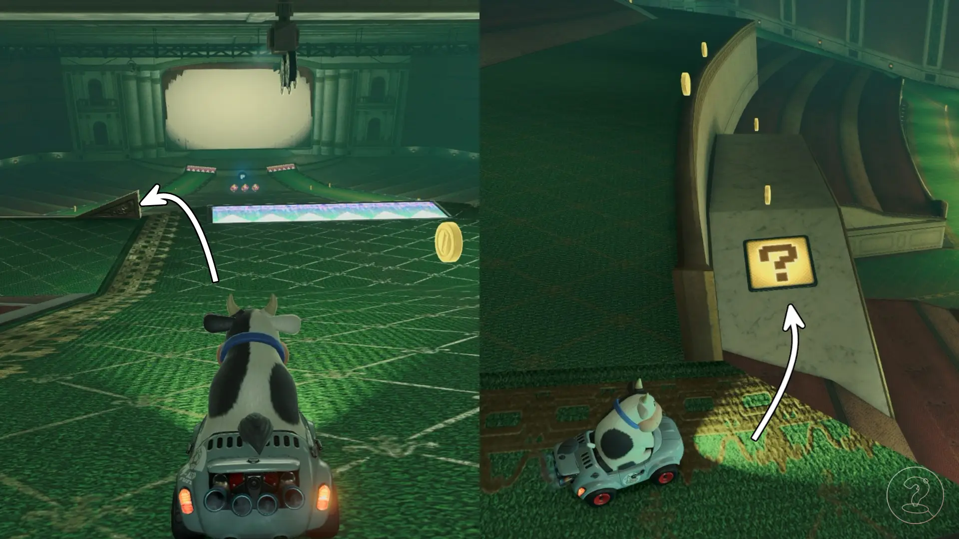 A cow on a green carpeted theater in Mario Kart World.
