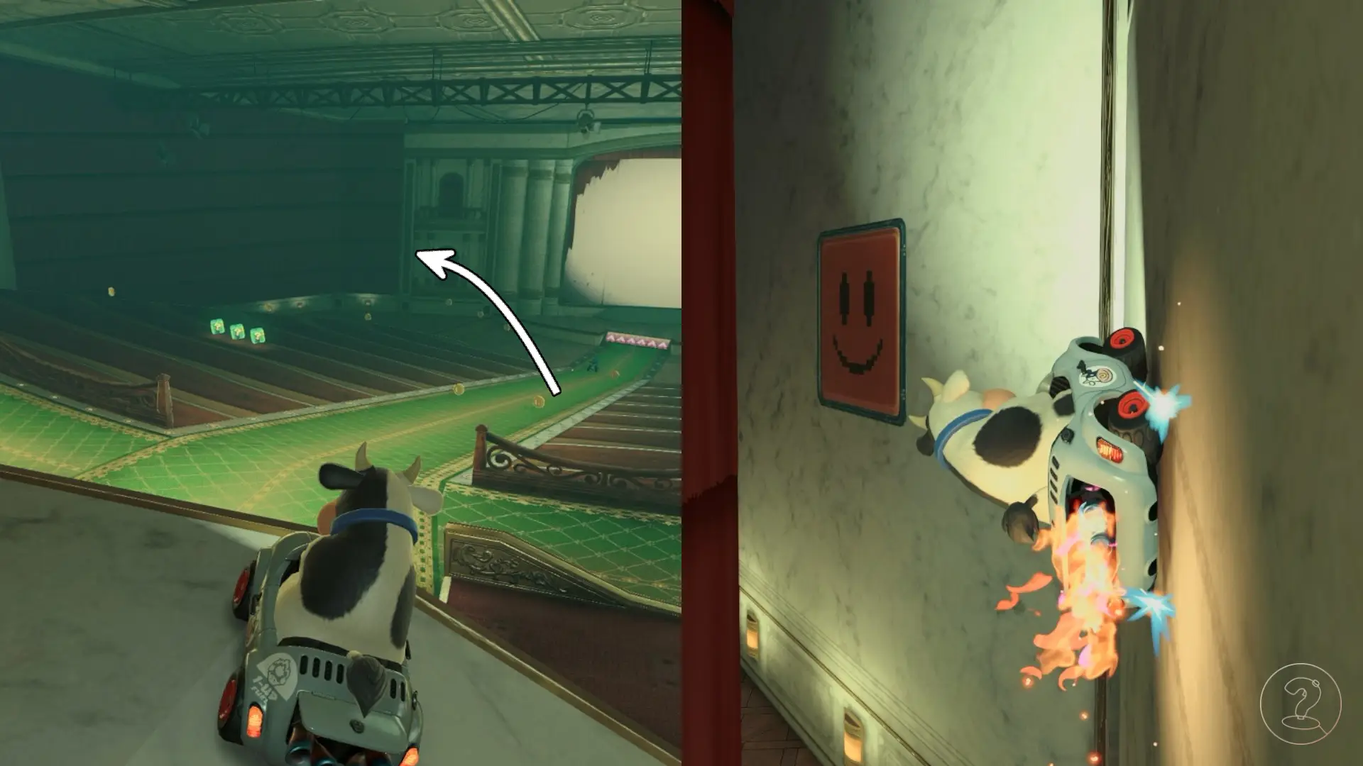 A cow driving on the wall behind a curtain in Mario Kart World.