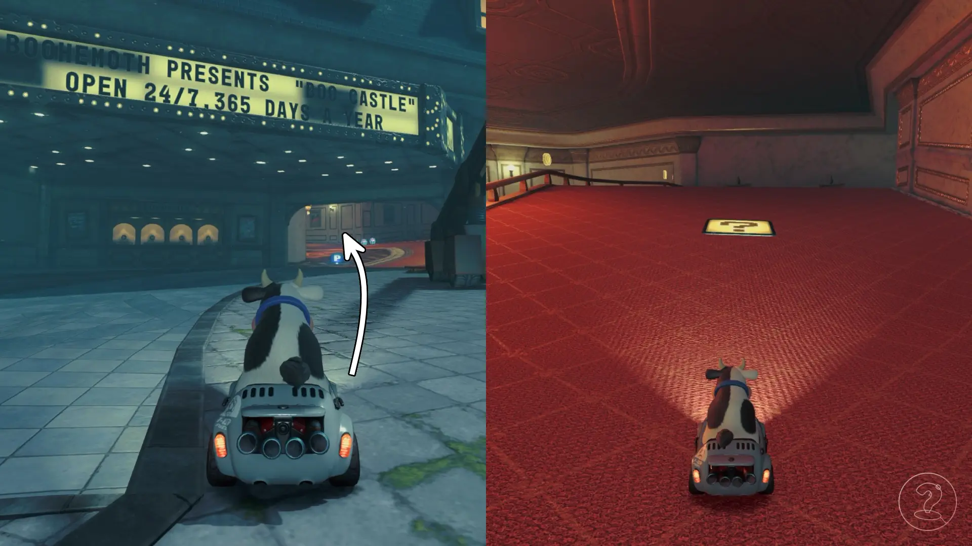 A cow driving a blooper car into a movie theater in Mario Kart World.