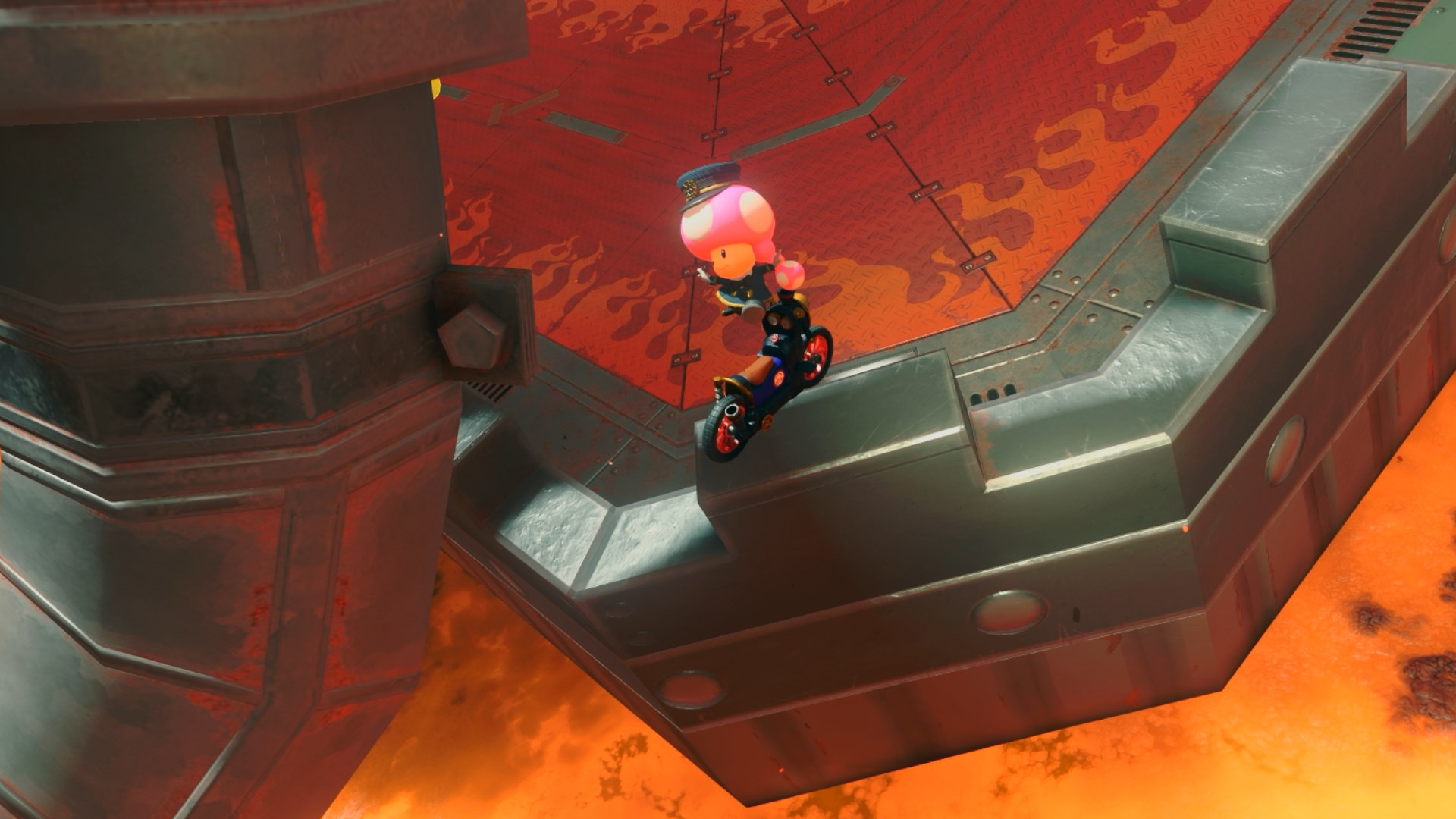 Conductor Toadette trick jumping over a lava pool in Mario Kart World.