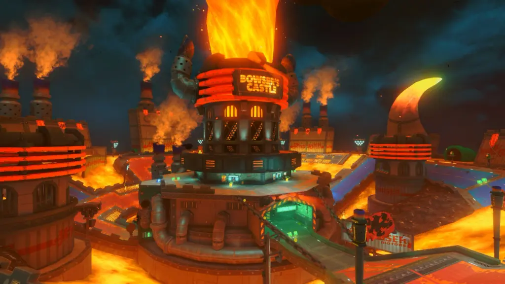 An image of Bowser's Castle, which has a moat of lava and a spire of fire at its center.