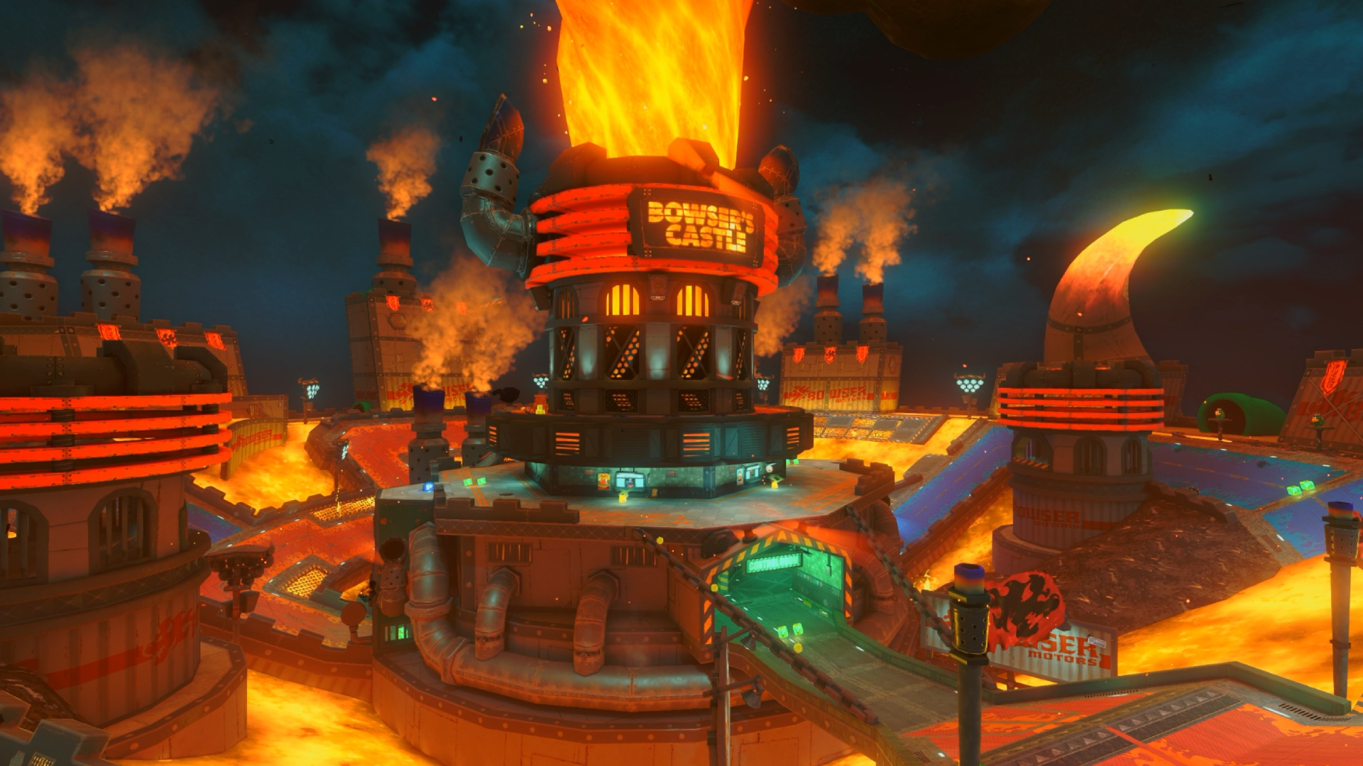 An image of Bowser's Castle, which has a moat of lava and a spire of fire at its center.