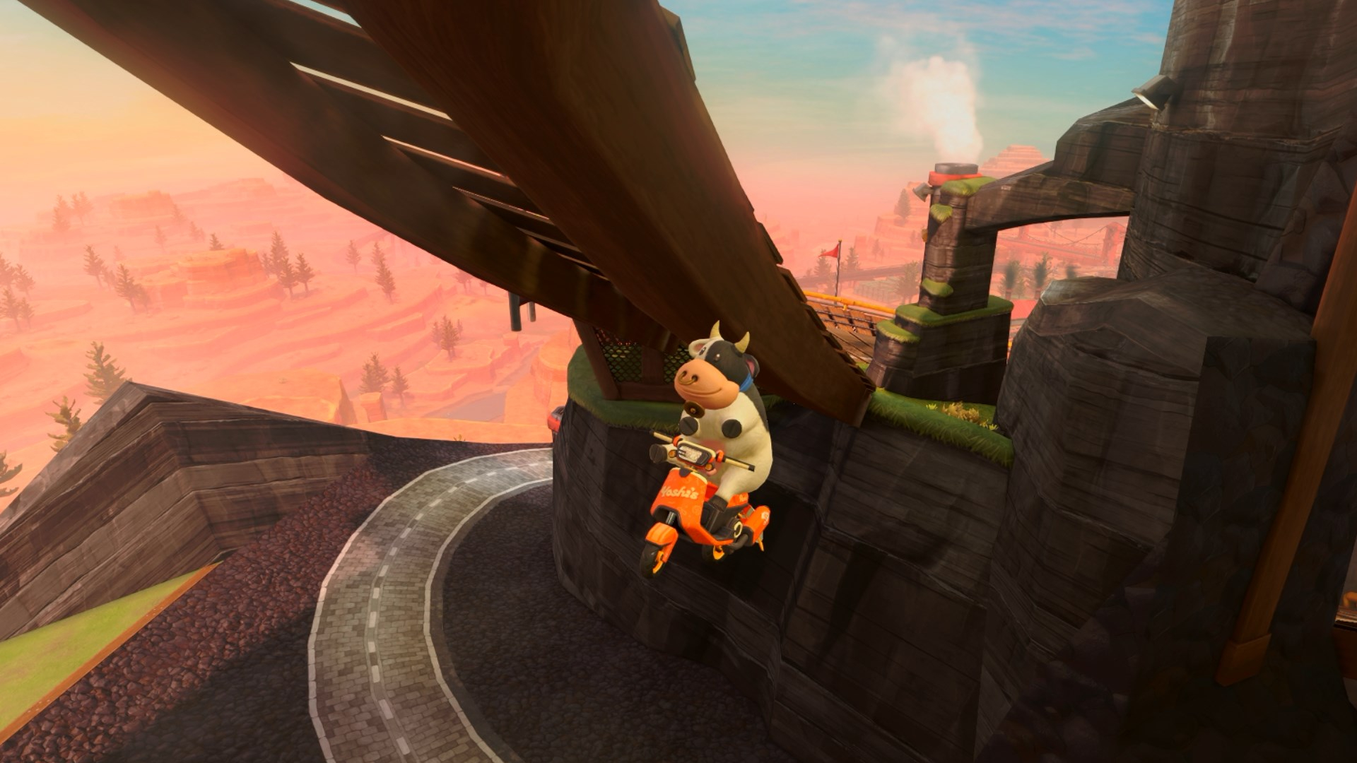 Cow falling off of the track in Mario Kart World.