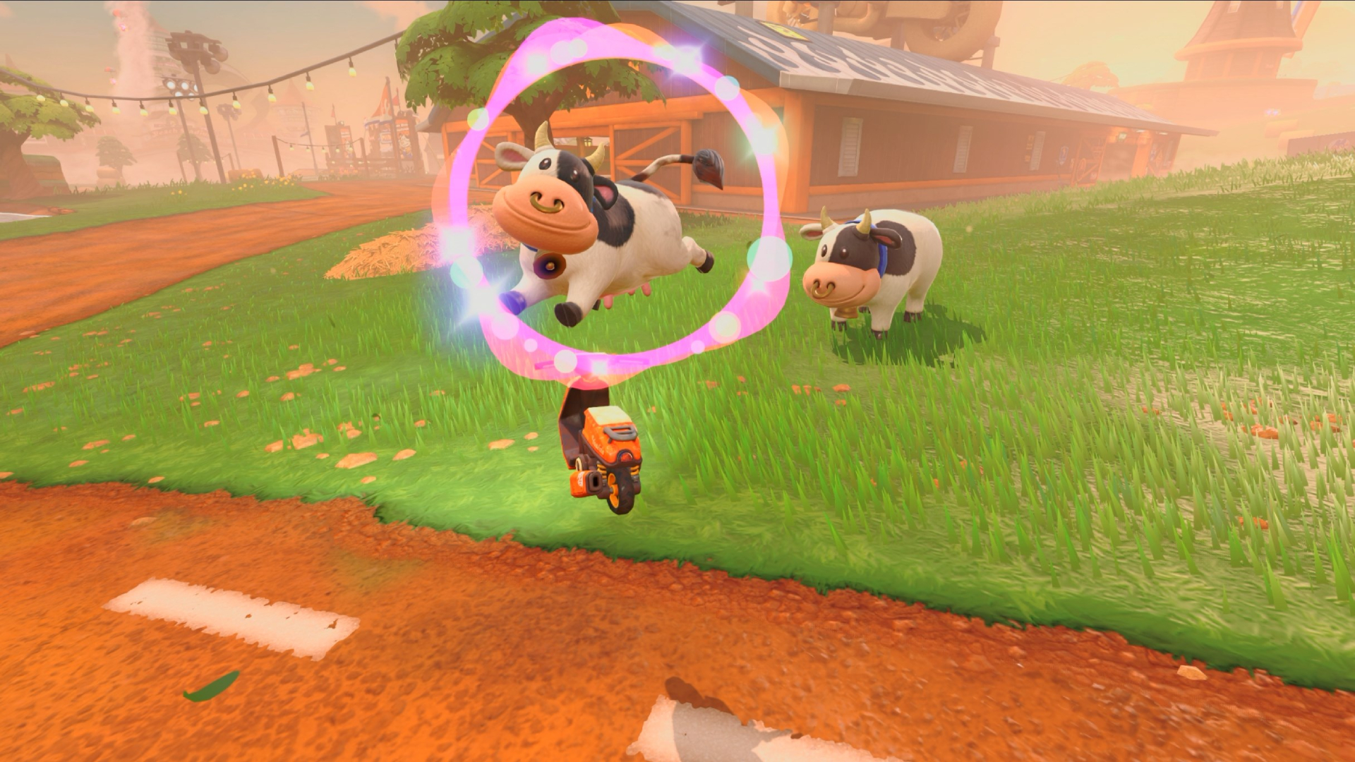 Cow from Mario Kart world jumping into the air beside a cow in Moo Moo Meadows.