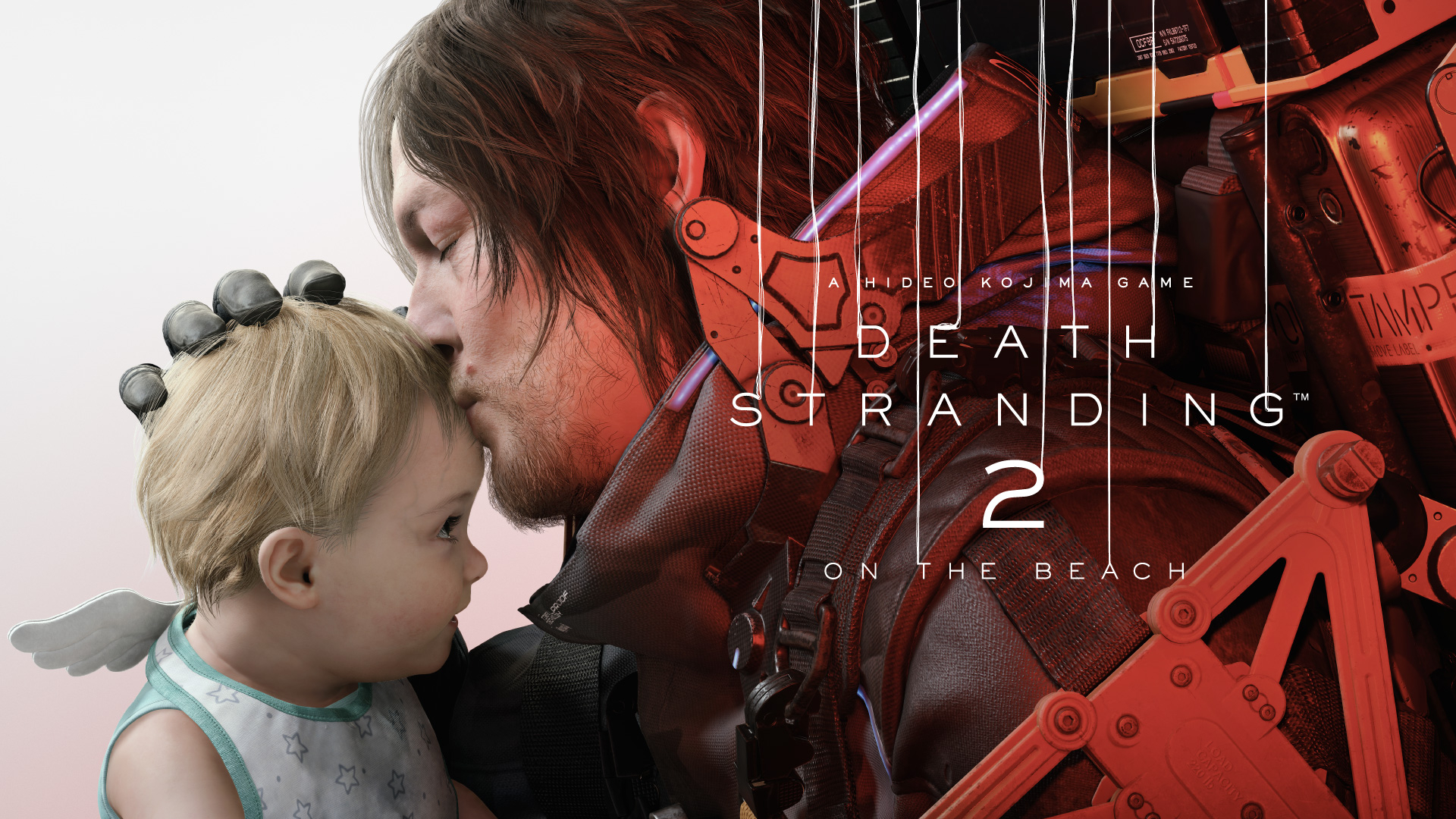 Death Stranding 2 key art which features Sam (Norman Reedus) kissing the head of a baby.