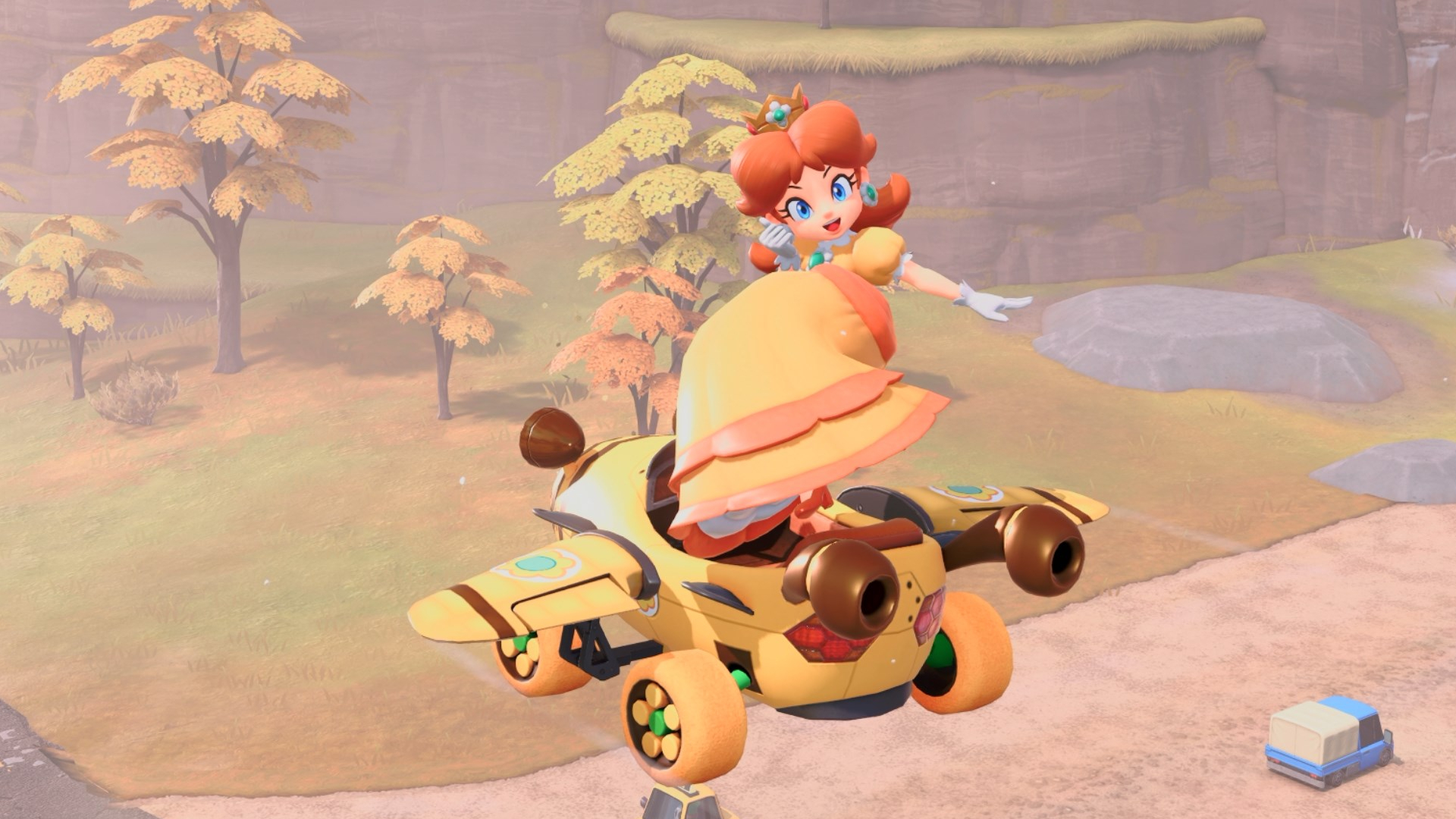 Daisy riding a flying bee car in Mario Kart World.