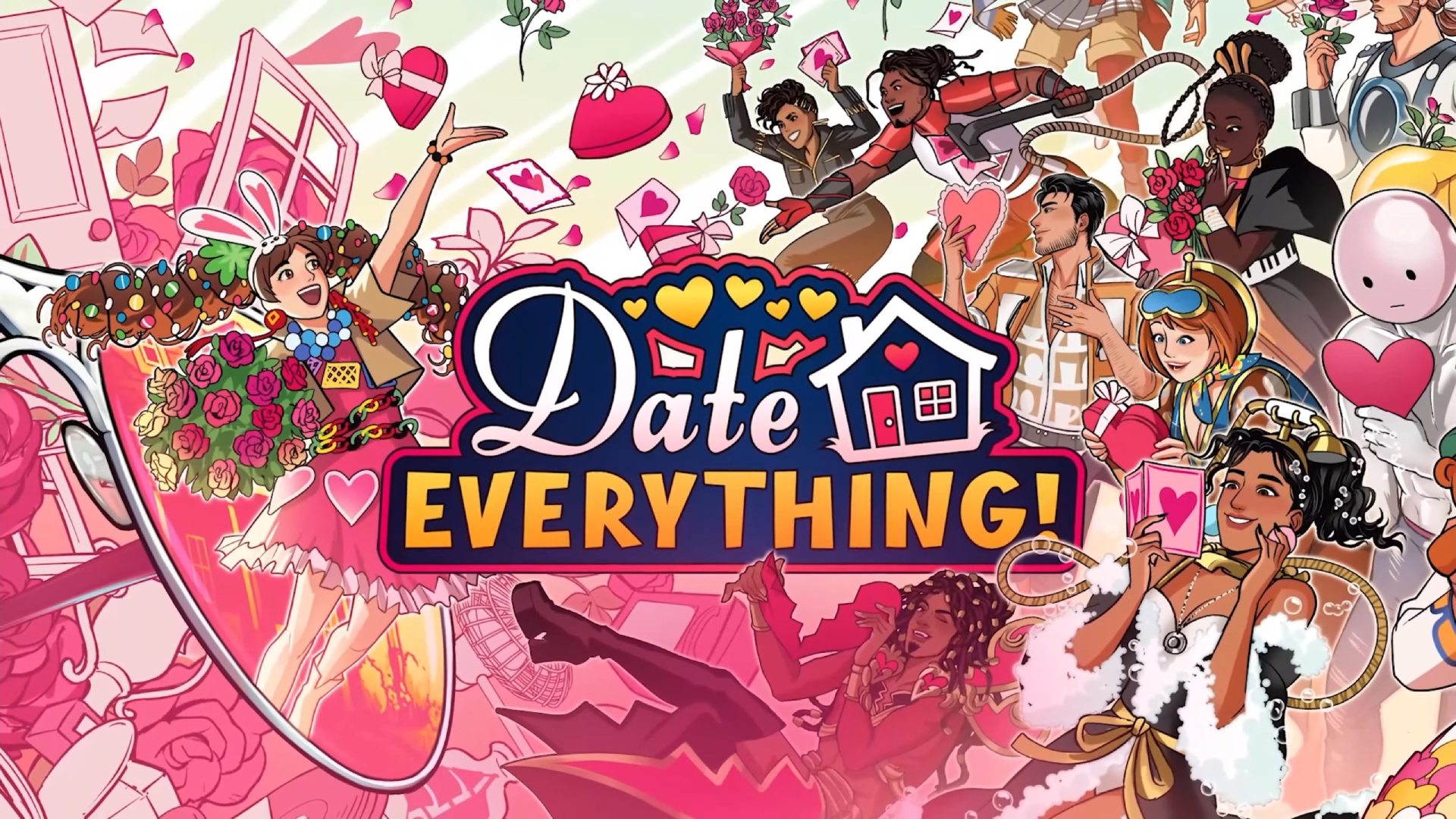 The key art for Date Everything which features humanized objects and concepts.