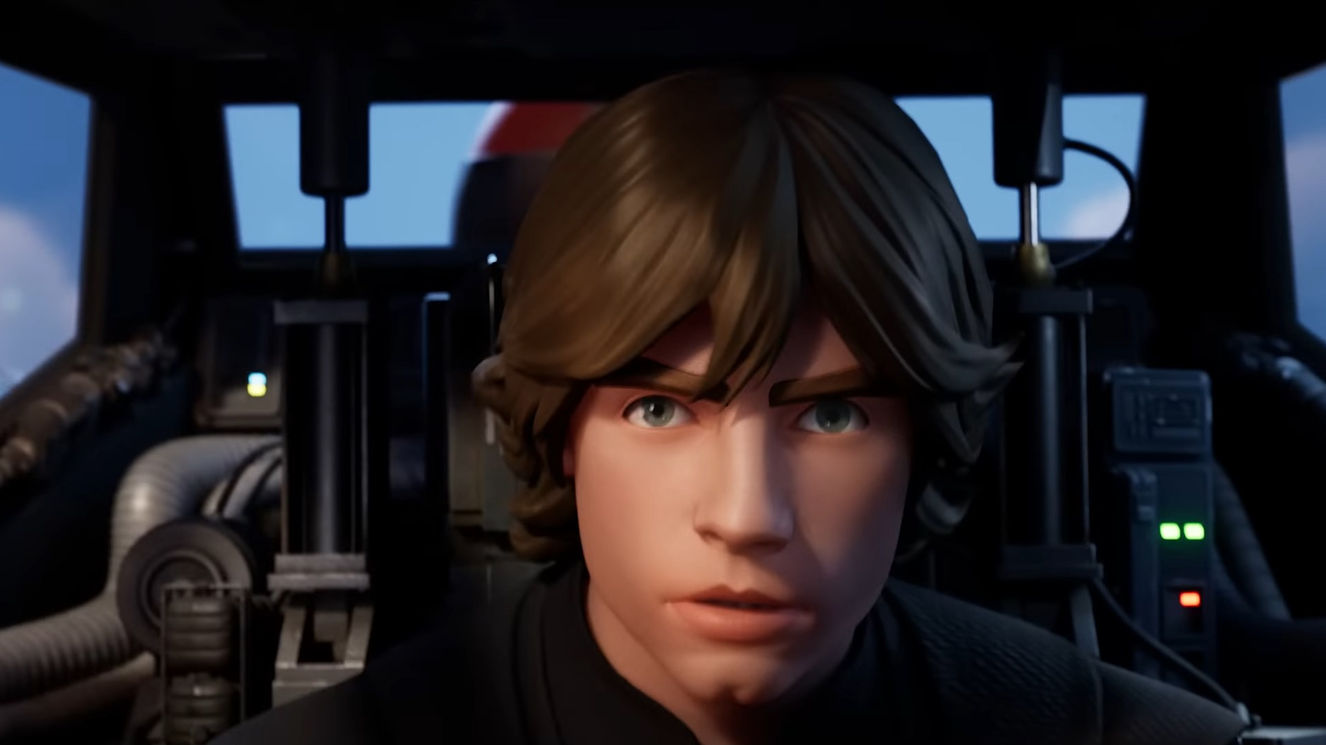 Luke Skywalker, in Fortnite, in the cockpit of a ship.