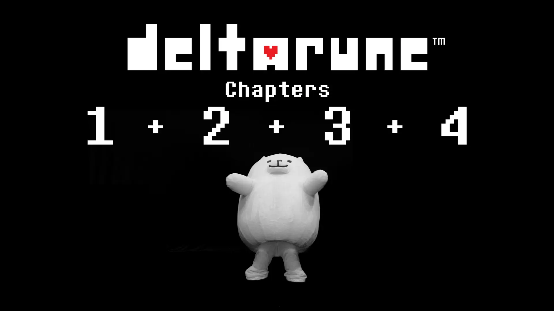 A Toby Fox mascot pointing upwards towards the Deltarune logo along with the chapter releases.