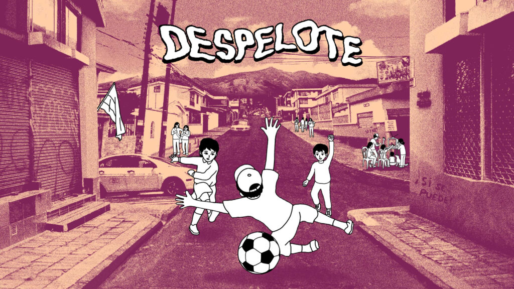 The key art of Despelote, which features a pixelated background and kids playing soccer in the street.