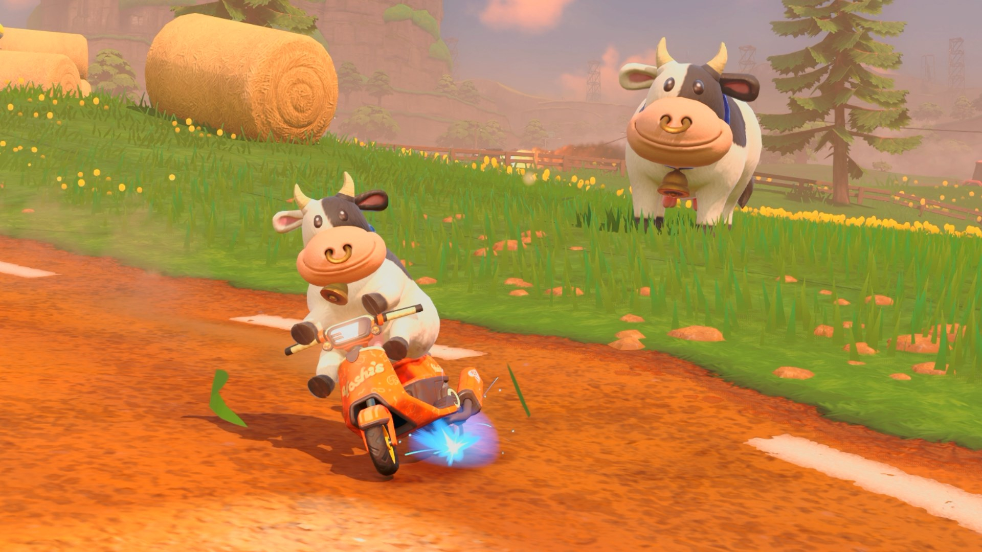 Cow drifting a scooter by another cow in Moo Moo Meadows in Mario Kart World.