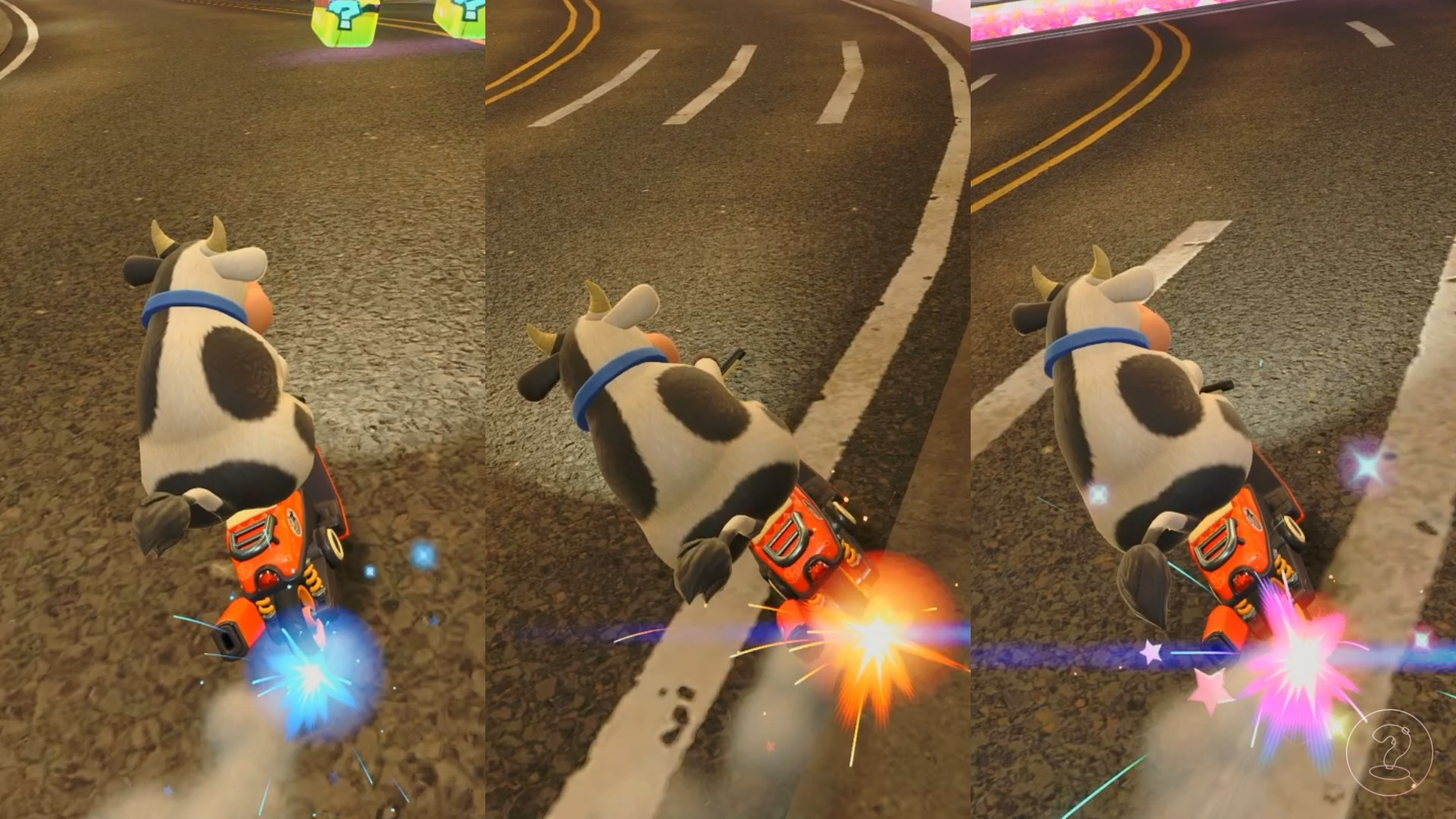 The three different stages of drifting in Mario Kart World.