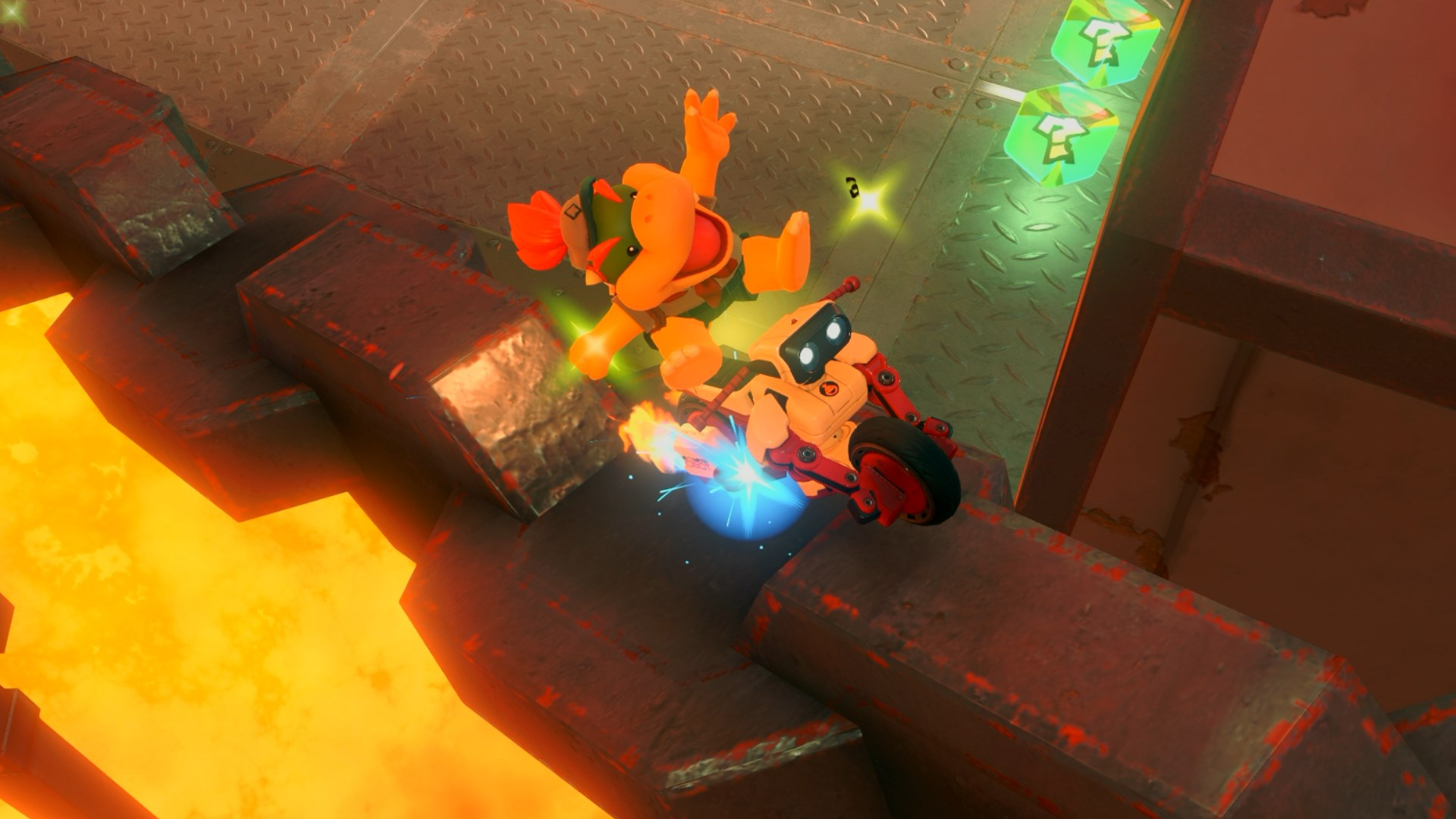 Explorer Bowser Jr riding a rail in Mario Kart World.