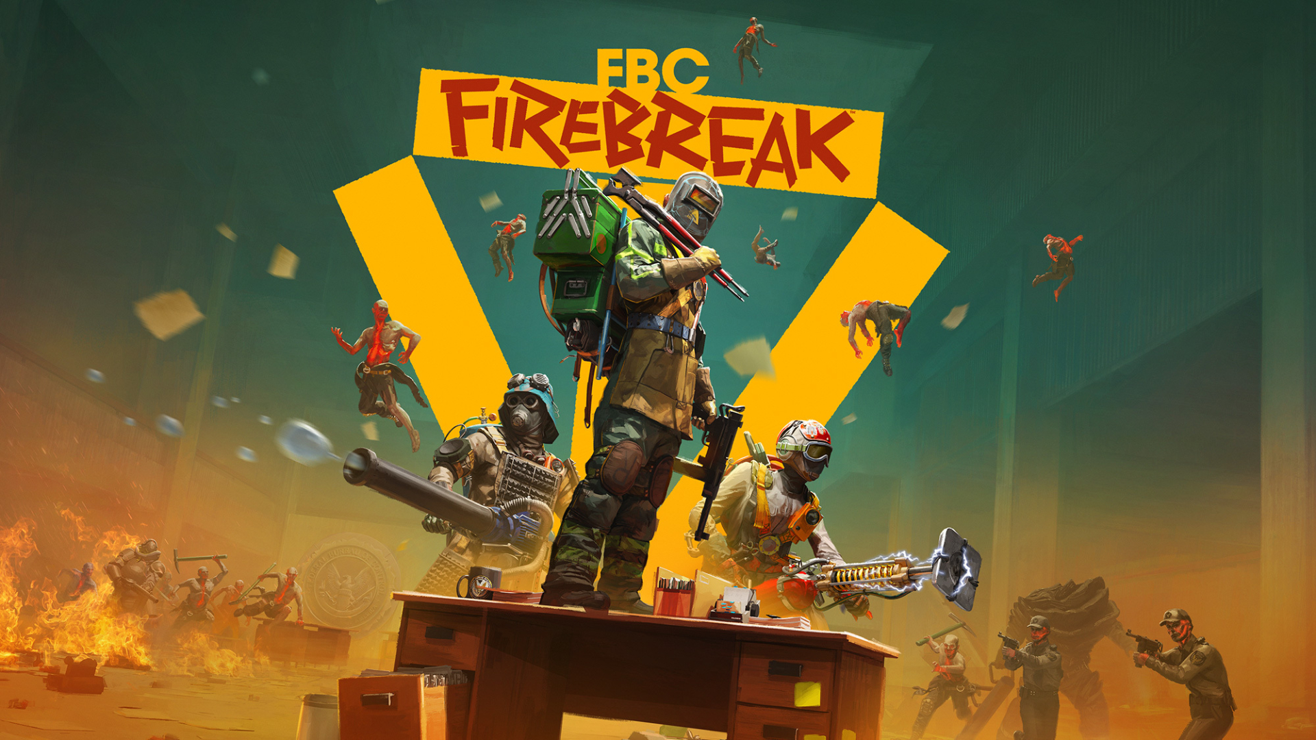 FBC Firebreak key art, which features three Firebreakers in full gear along with enemies found inside the Federal Bureau of Control.