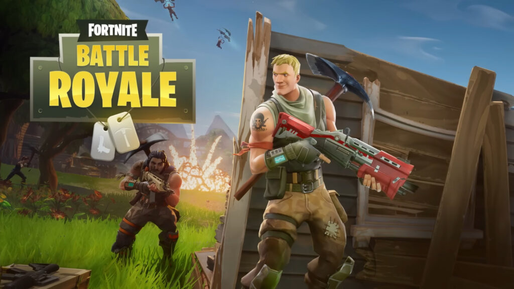 The key art for Fortnite Battle Royale, which features two characters waiting to fight each other.