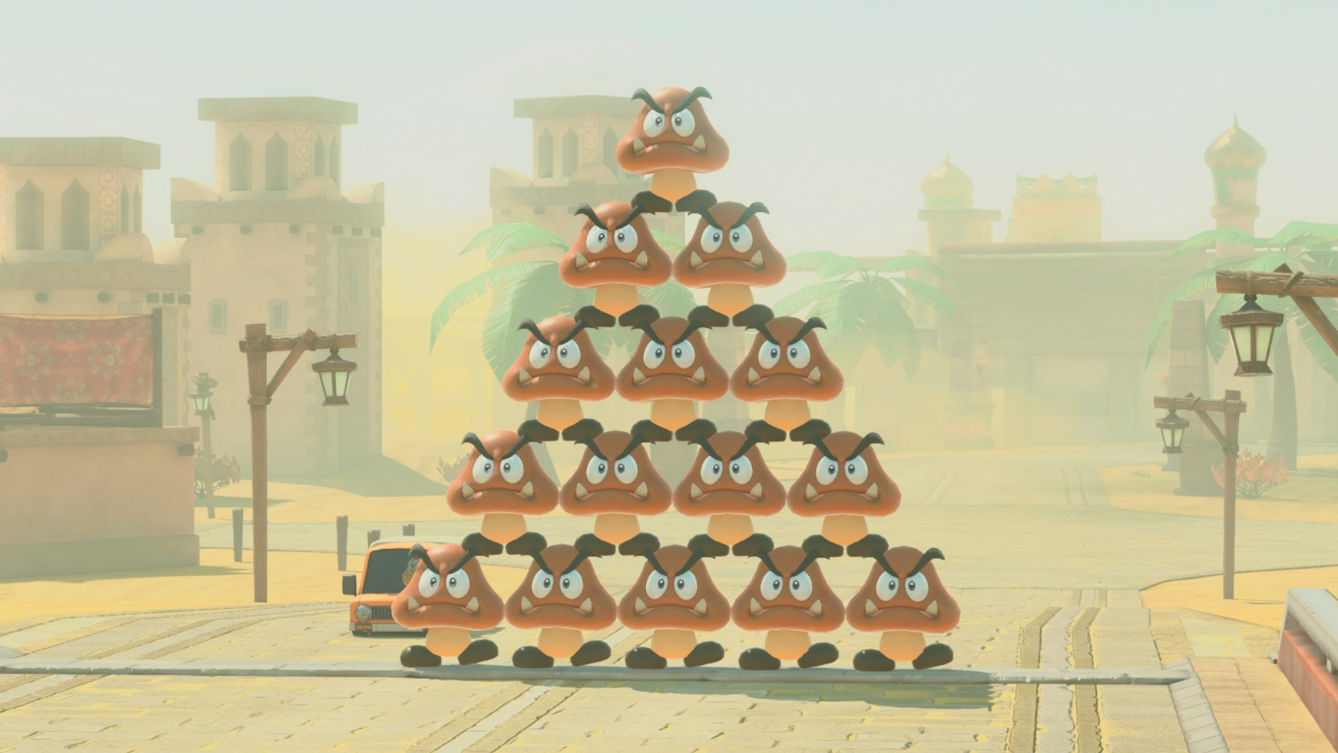 A pyramid of Goombas blocking the road in Mario Kart World.