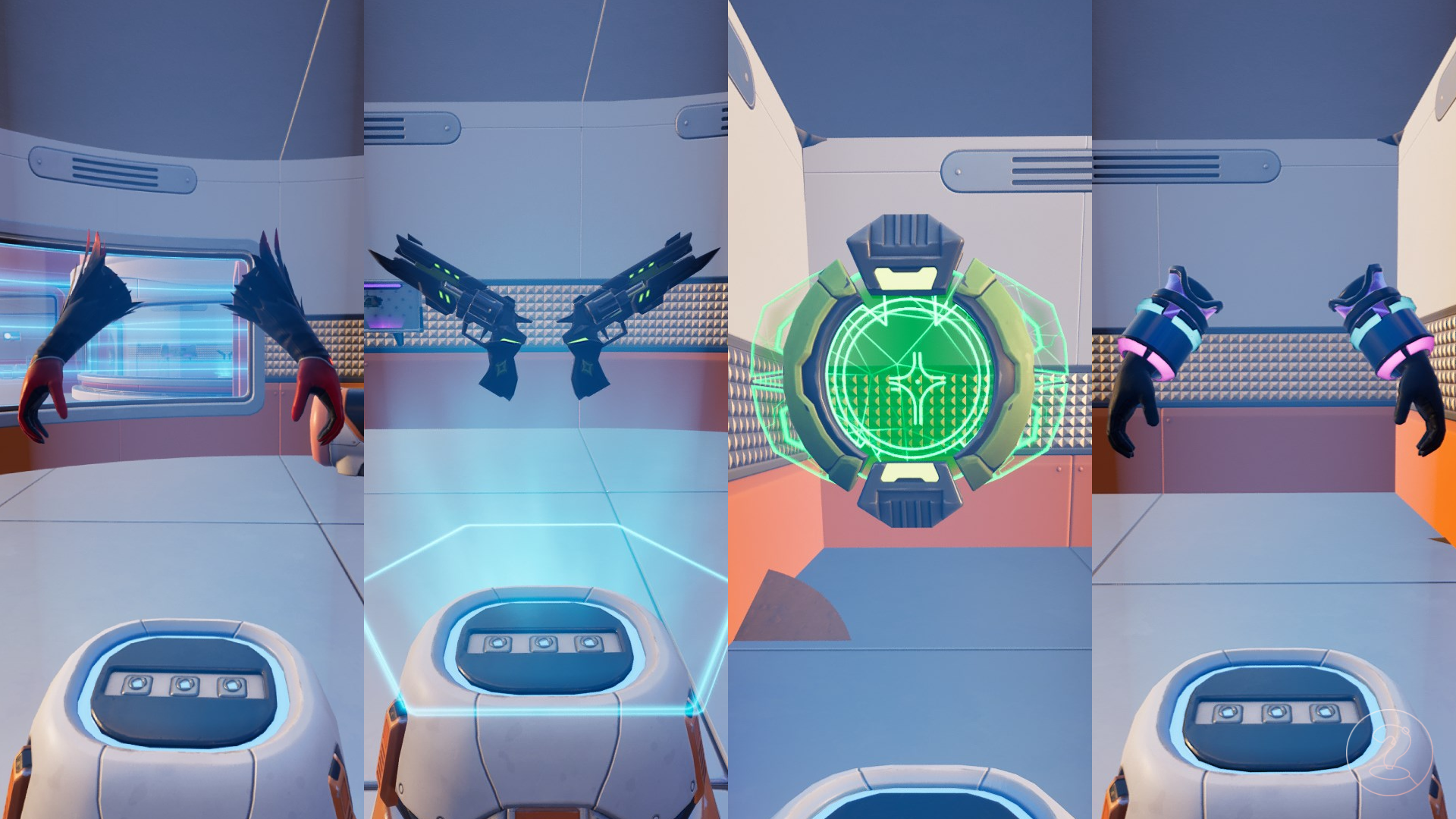 Four Fortnite items on glowing pedestals.