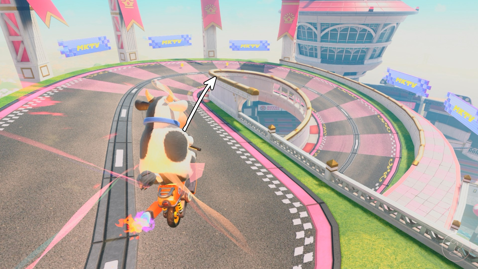 Cow heading towards a tight turn and rail in Peach Stadium in Mario Kart Word.
